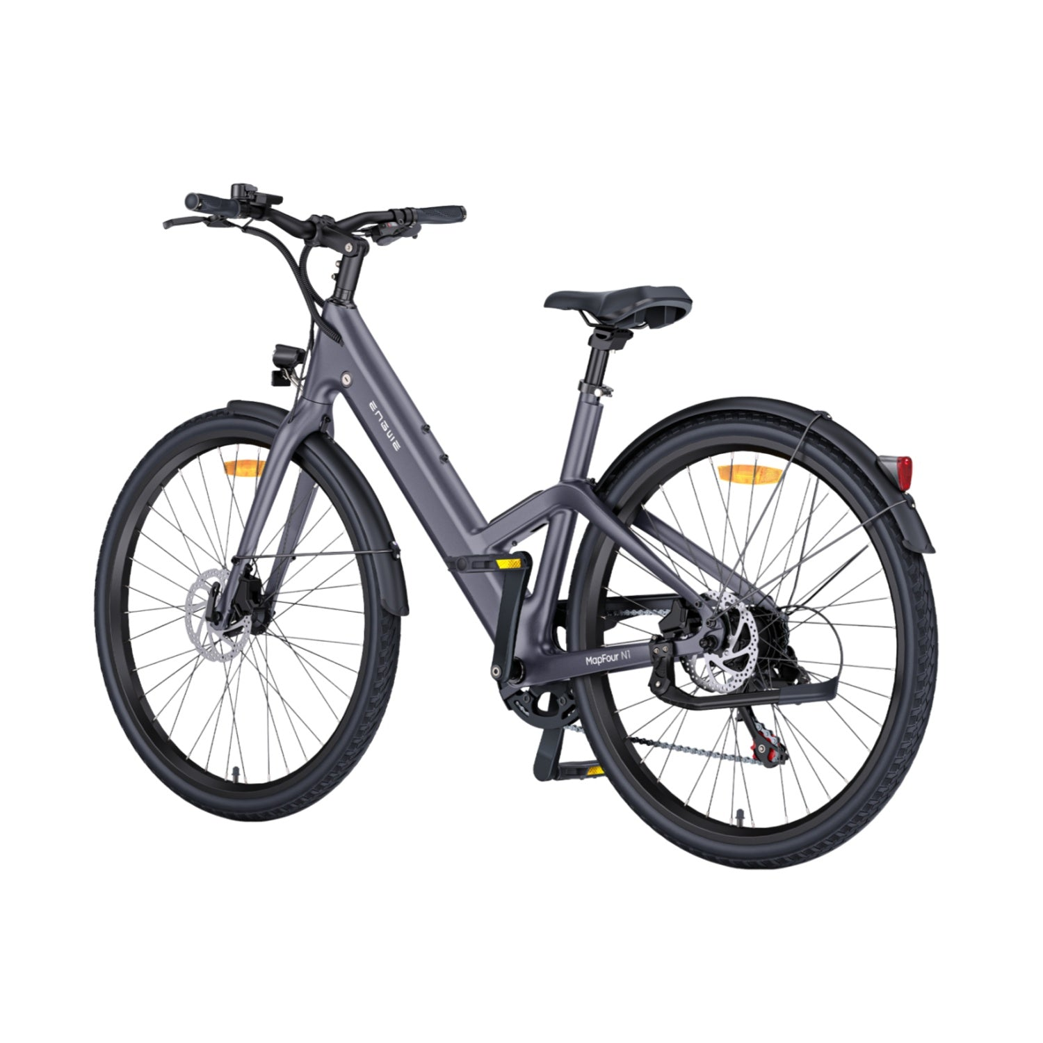 Bicicleta eléctrica gris con sillín, neumáticos y guardabarros negros.
