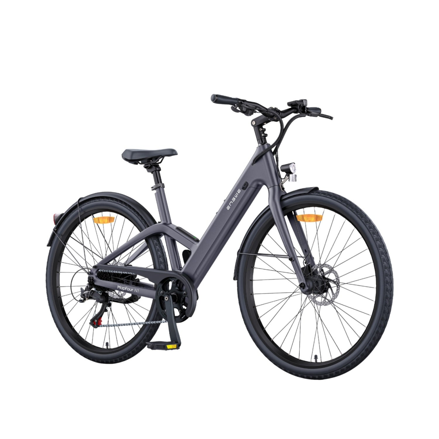 Una bicicleta eléctrica gris con ruedas, guardabarros y asiento negros.