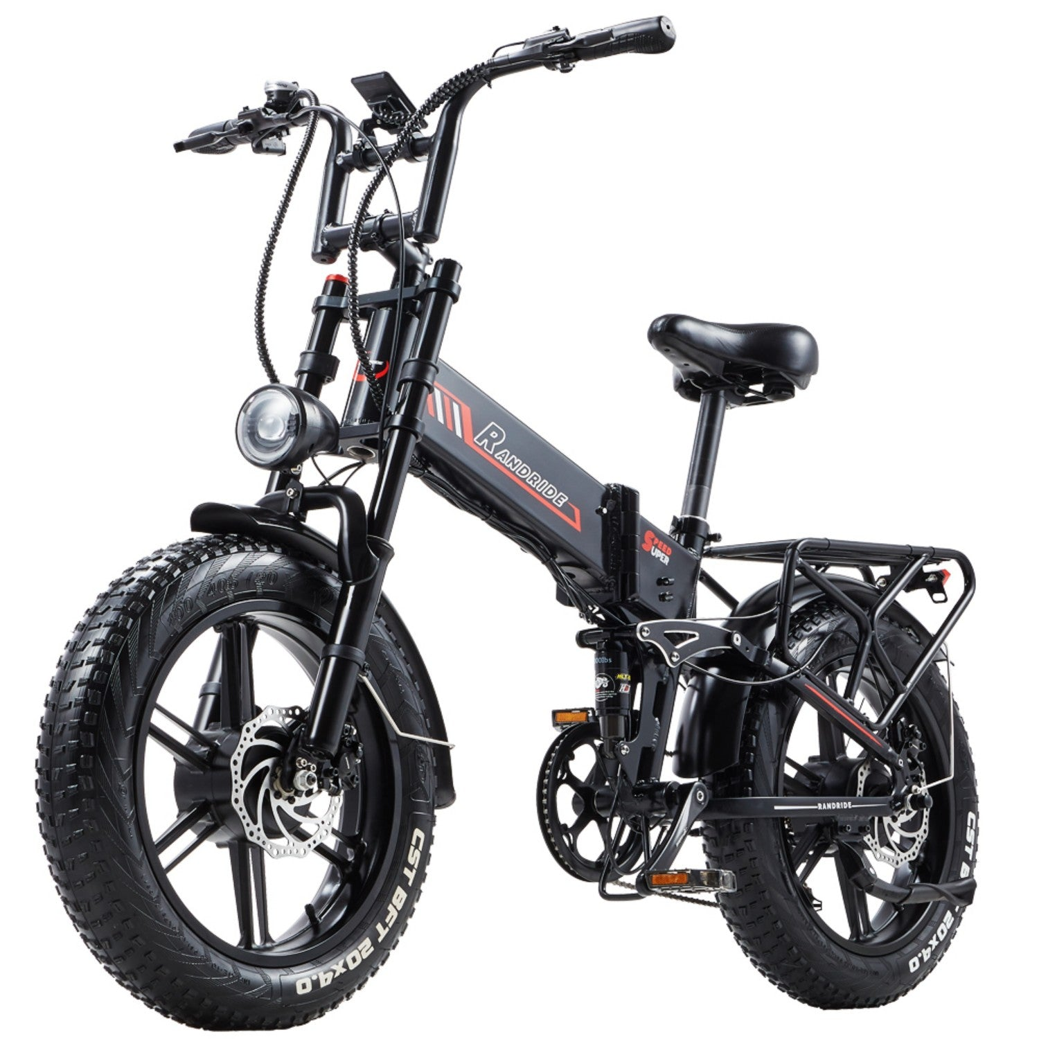 Bicicleta eléctrica negra con neumáticos anchos, horquilla de suspensión y portaequipajes.