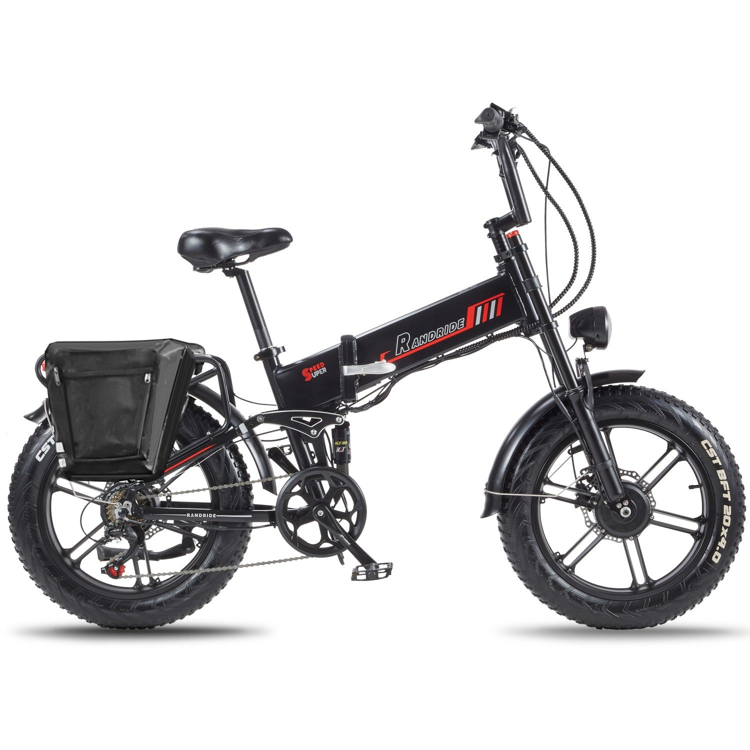 Una bicicleta eléctrica plegable de llanta ancha negra con bolsa trasera.