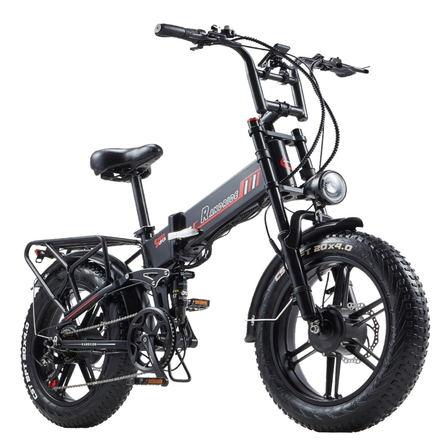 Una bicicleta eléctrica negra de llantas anchas con portaequipajes y suspensión.