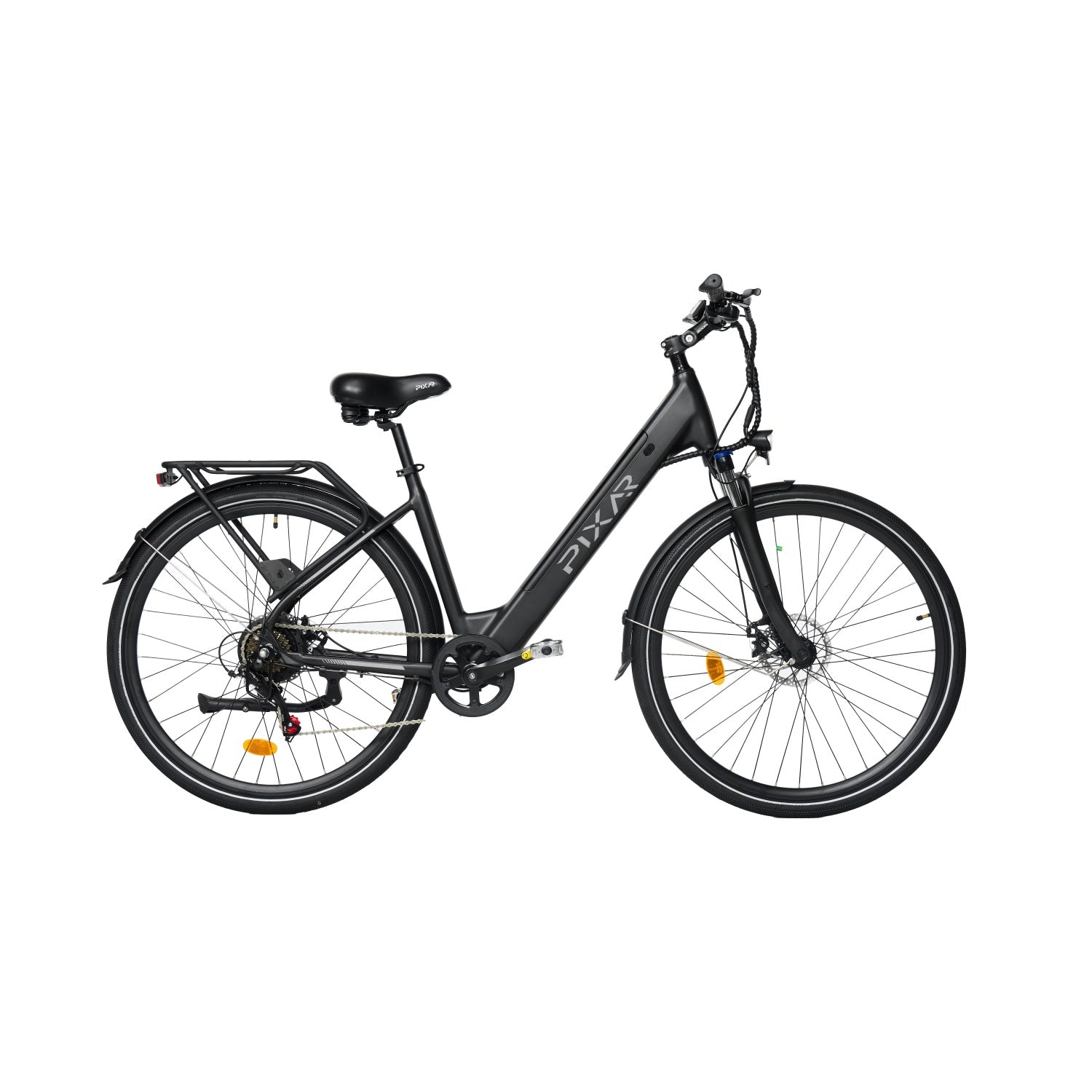 Bicicleta eléctrica negra con portaequipajes, radios plateados y logo PIXR.