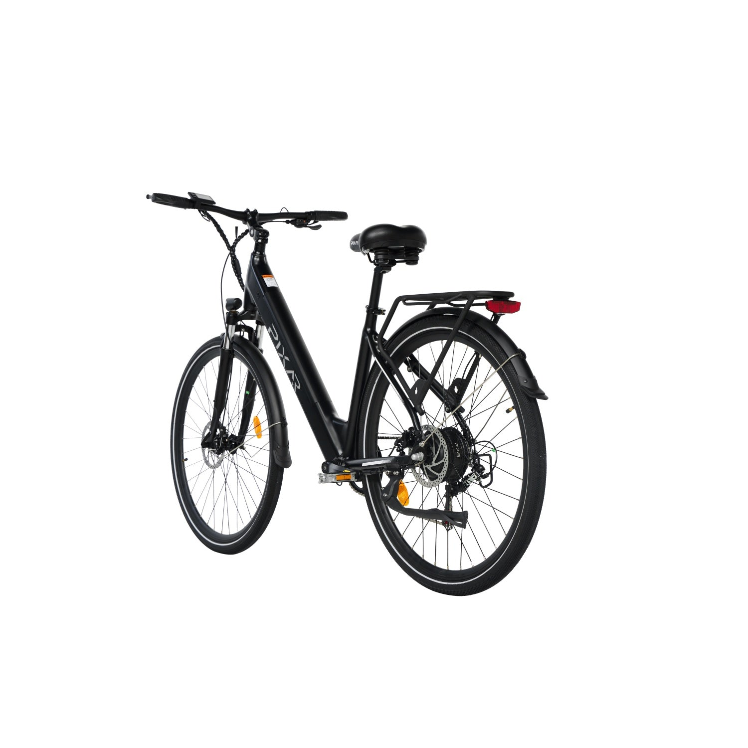 Bicicleta eléctrica negra con portaequipajes, guardabarros, luz delantera y trasera.