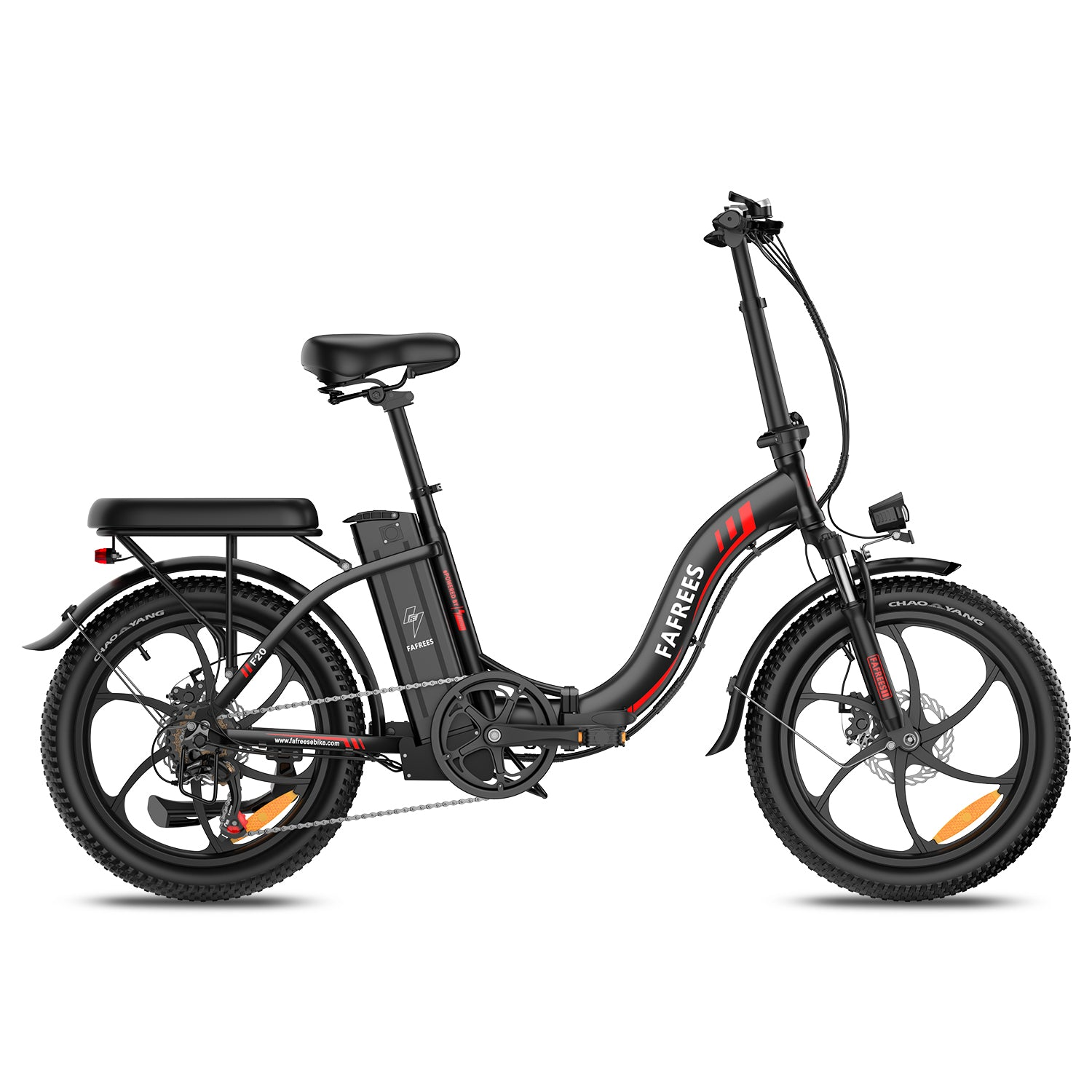 Bicicleta eléctrica plegable negra con neumáticos anchos y portaequipajes.