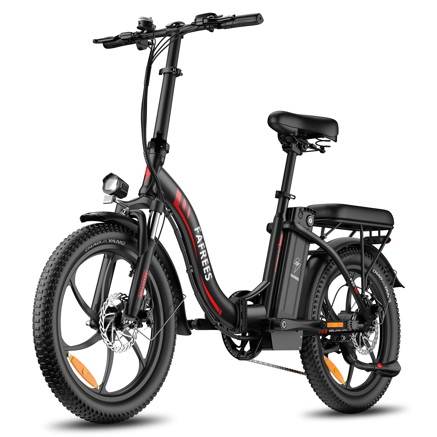 Bicicleta eléctrica plegable negra con ruedas anchas, detalles rojos y fondo blanco.