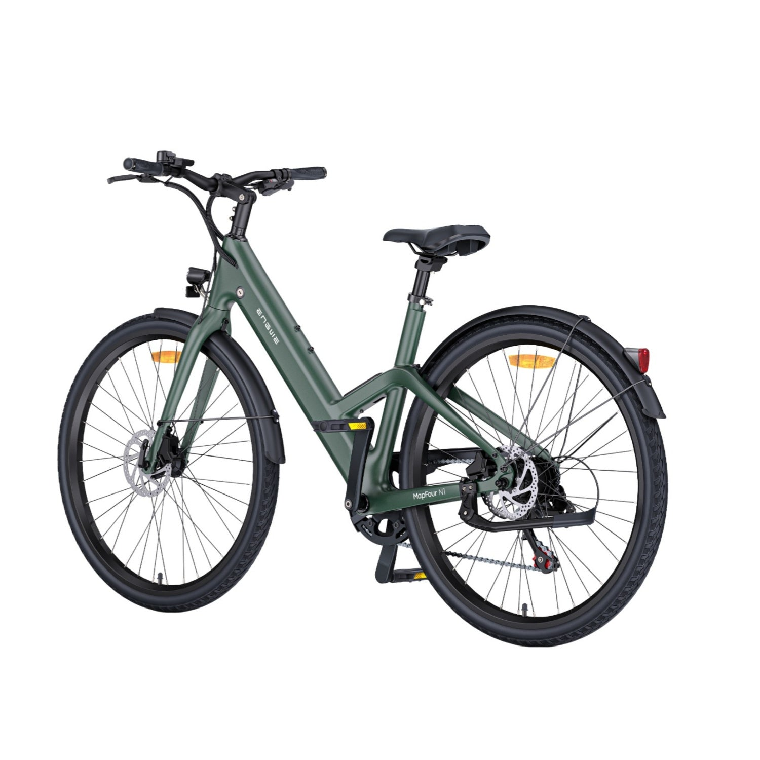 Bicicleta eléctrica verde con sillín y neumáticos negros, frenos de disco, sobre fondo blanco.