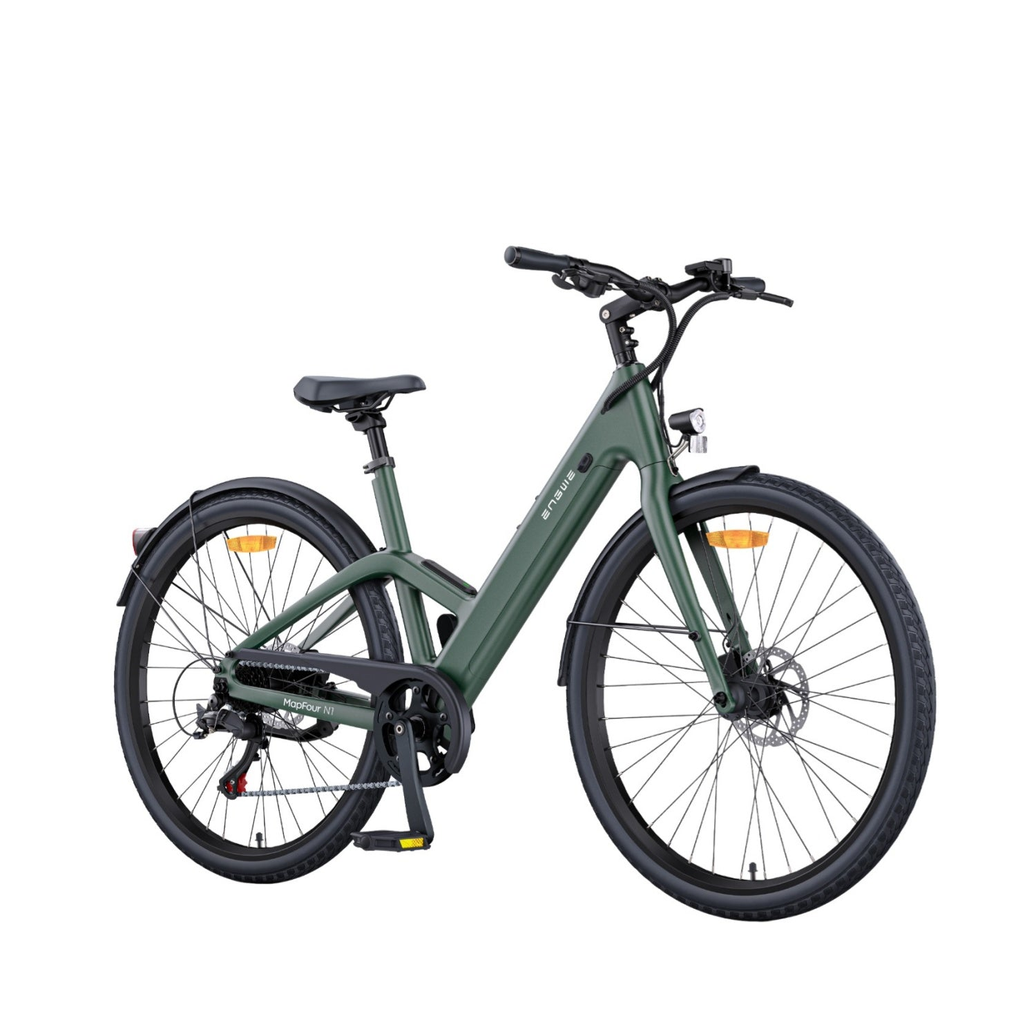 Una bicicleta verde con ruedas y guardabarros negros.