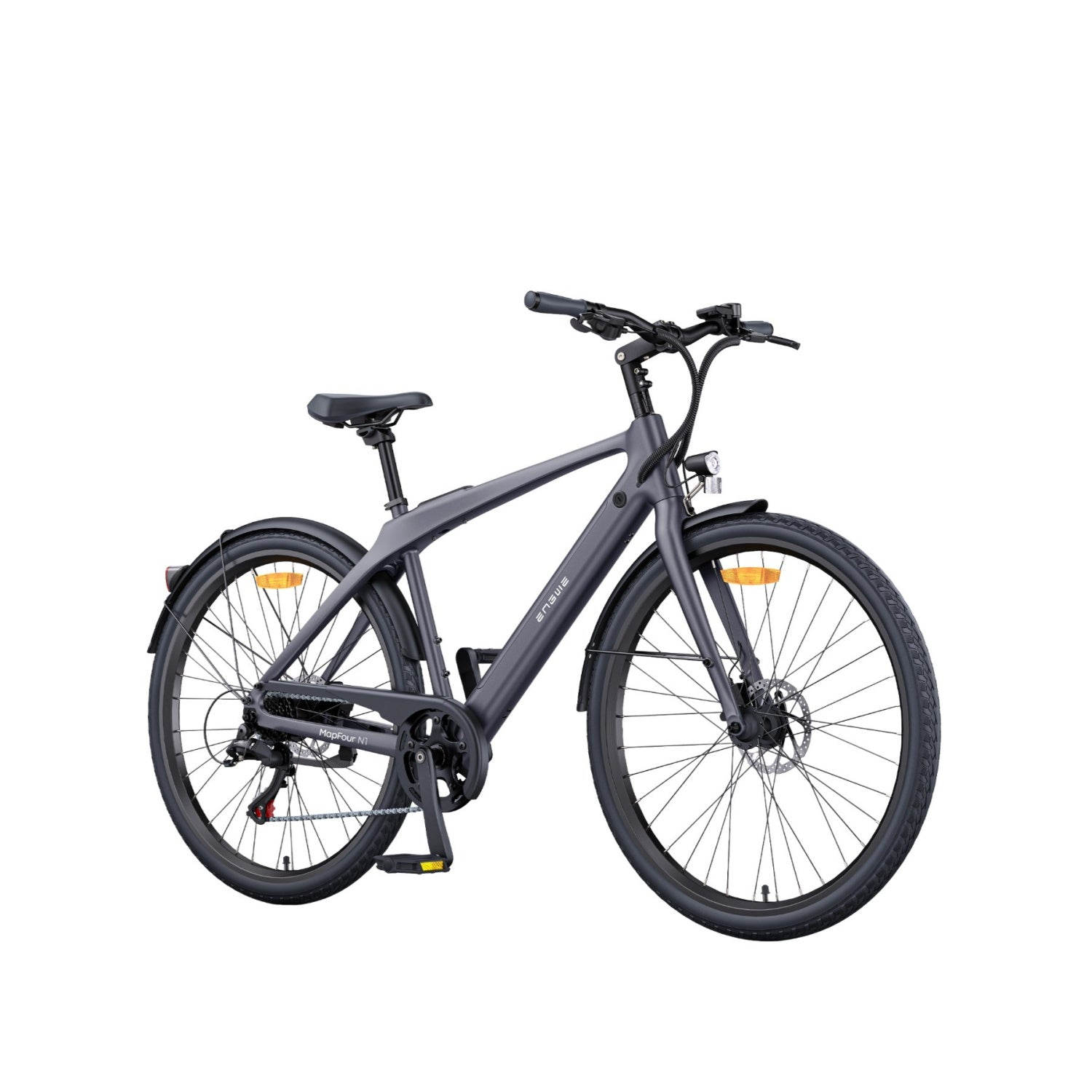 Una bicicleta eléctrica gris con ruedas y llantas negras, fondo blanco.