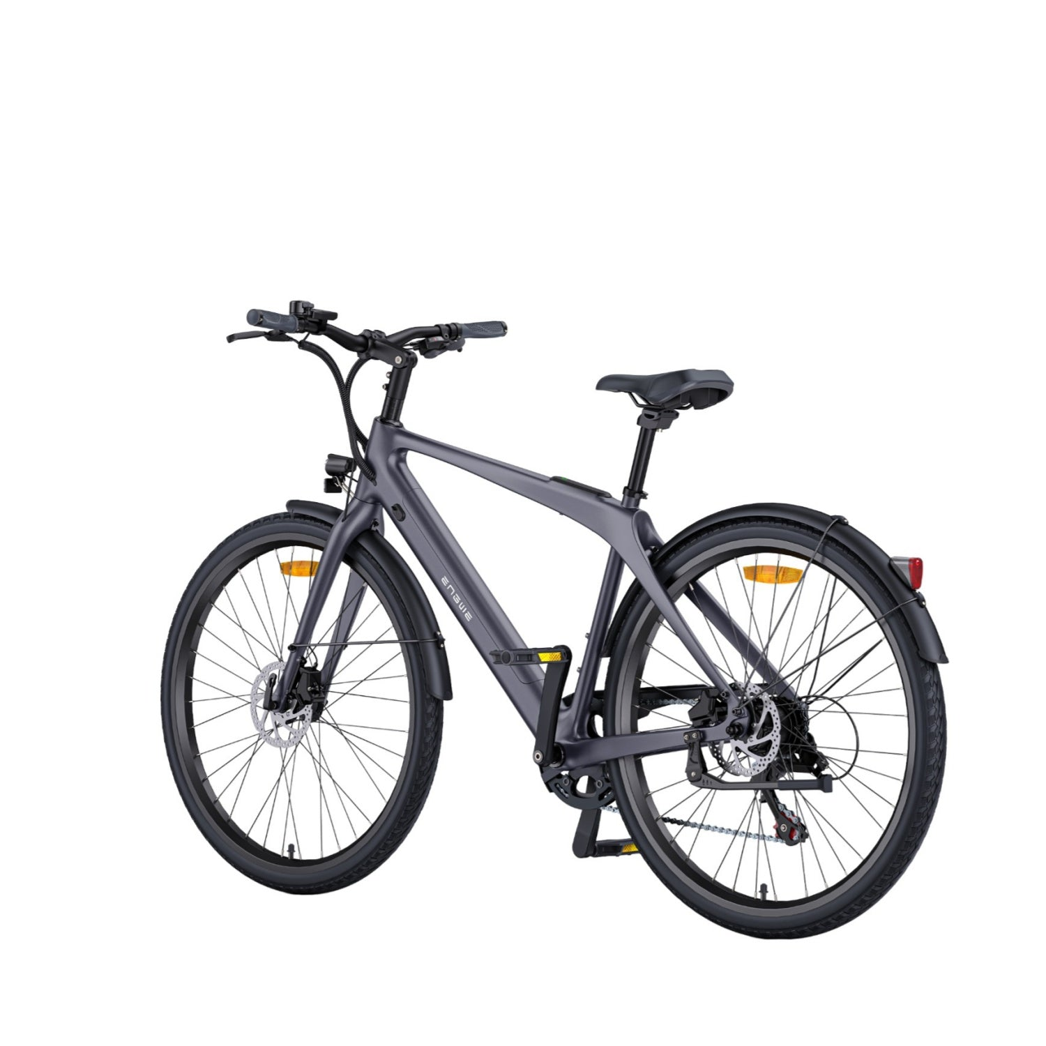 Una bicicleta gris con guardabarros y reflectores, vista de lado sobre fondo blanco.