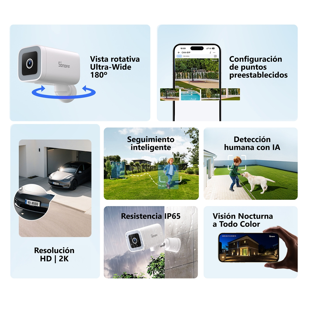 Przegląd produktu: Kamera szerokokątna 180°, widok aplikacji, detekcja AI, IP65 i rozdzielczość 2K.