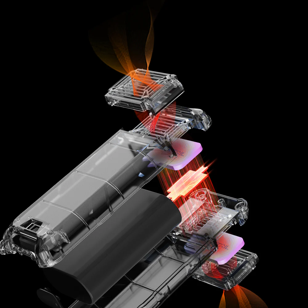 Explodierte Ansicht eines transparenten Geräts mit roten Laserstrahlen und orangefarbenen Wellen.