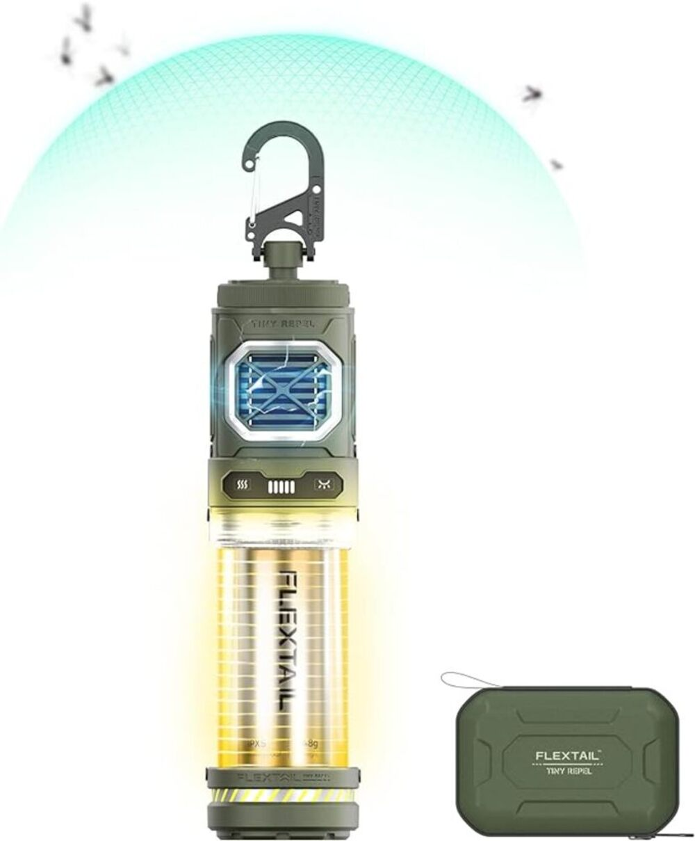 Grüner Insektenschutz mit Haken und gelbem Licht. Kleines Etui daneben.