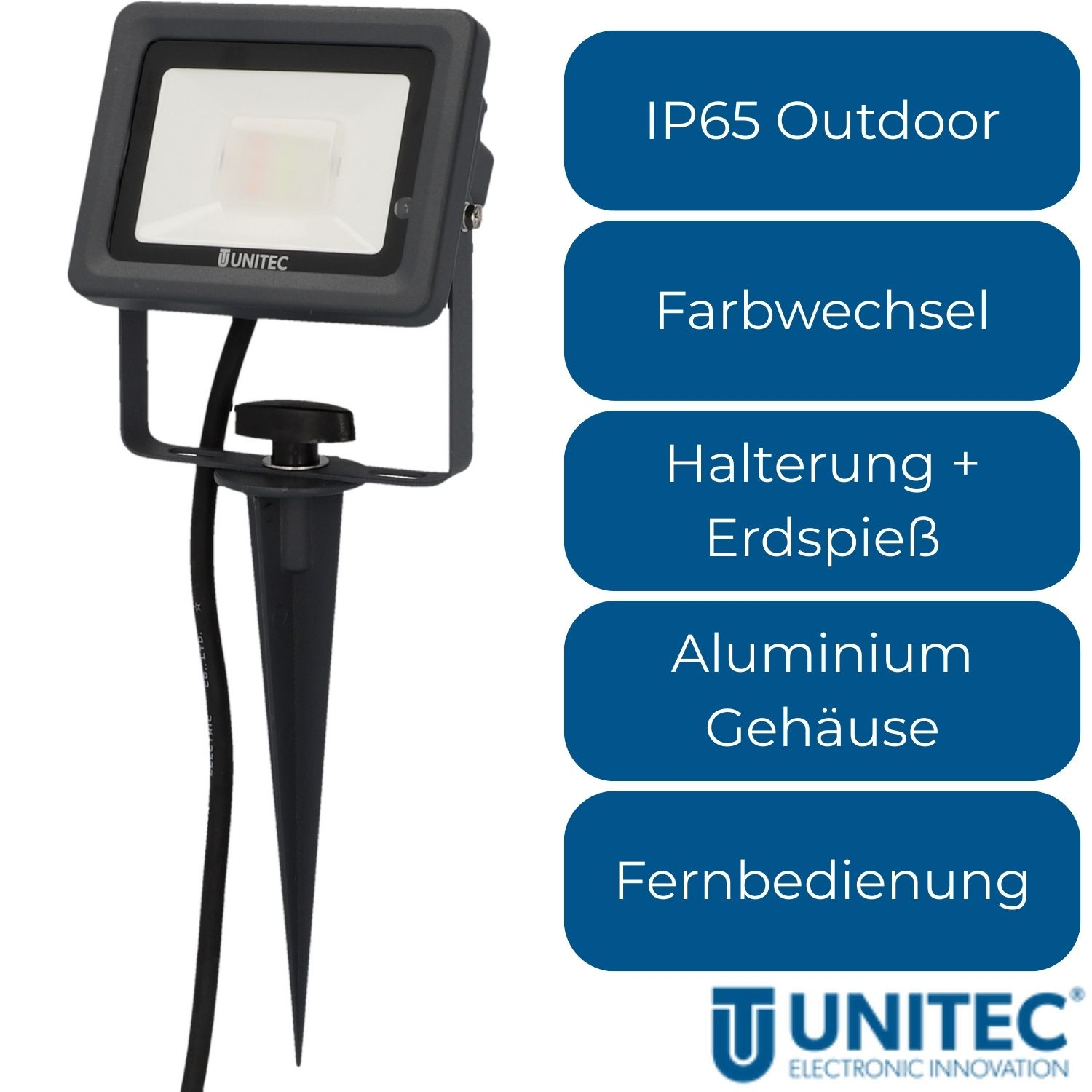 Ein UNITEC LED-Außenstrahler mit Erdspieß, Farbwechsel und Fernbedienung.