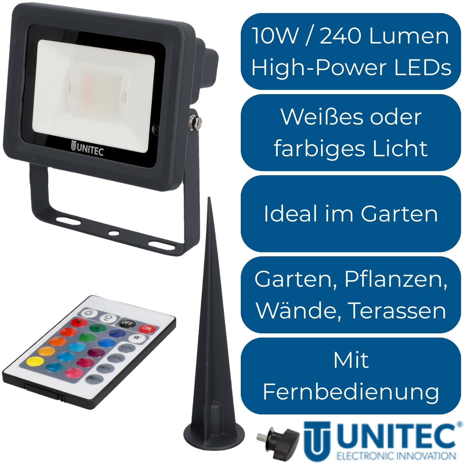 LED-Fluter mit Fernbedienung für Garten, Wände, Terrassen, 10W, 240 Lumen.