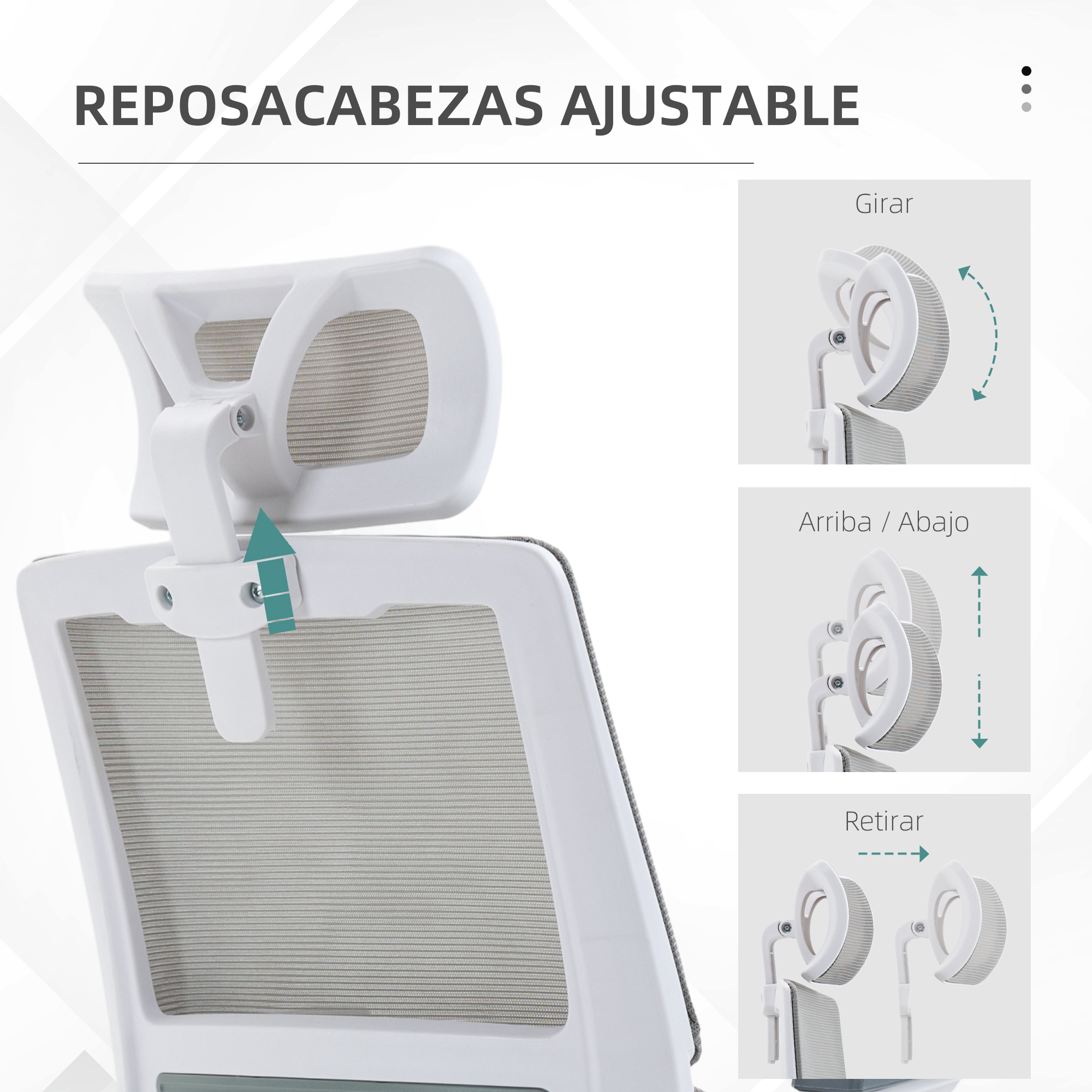 Mecanismo de reposacabezas de silla de oficina blanco con instrucciones.