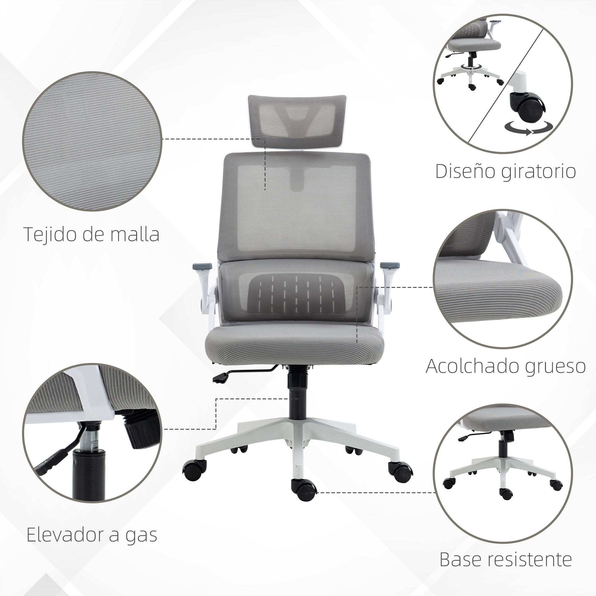 Silla de oficina gris con respaldo de malla, reposacabezas y reposabrazos ajustables.