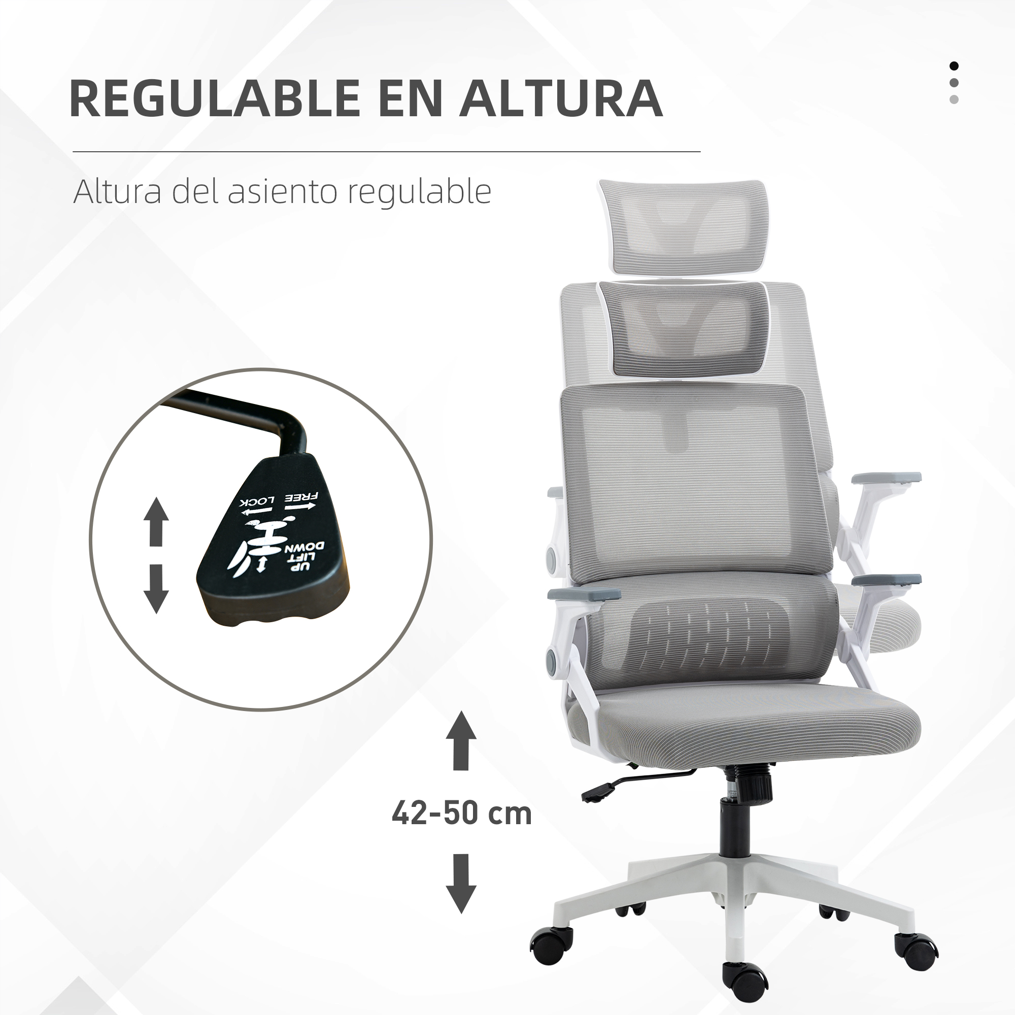 Silla de oficina gris con ajuste de altura (42-50 cm) y palanca.