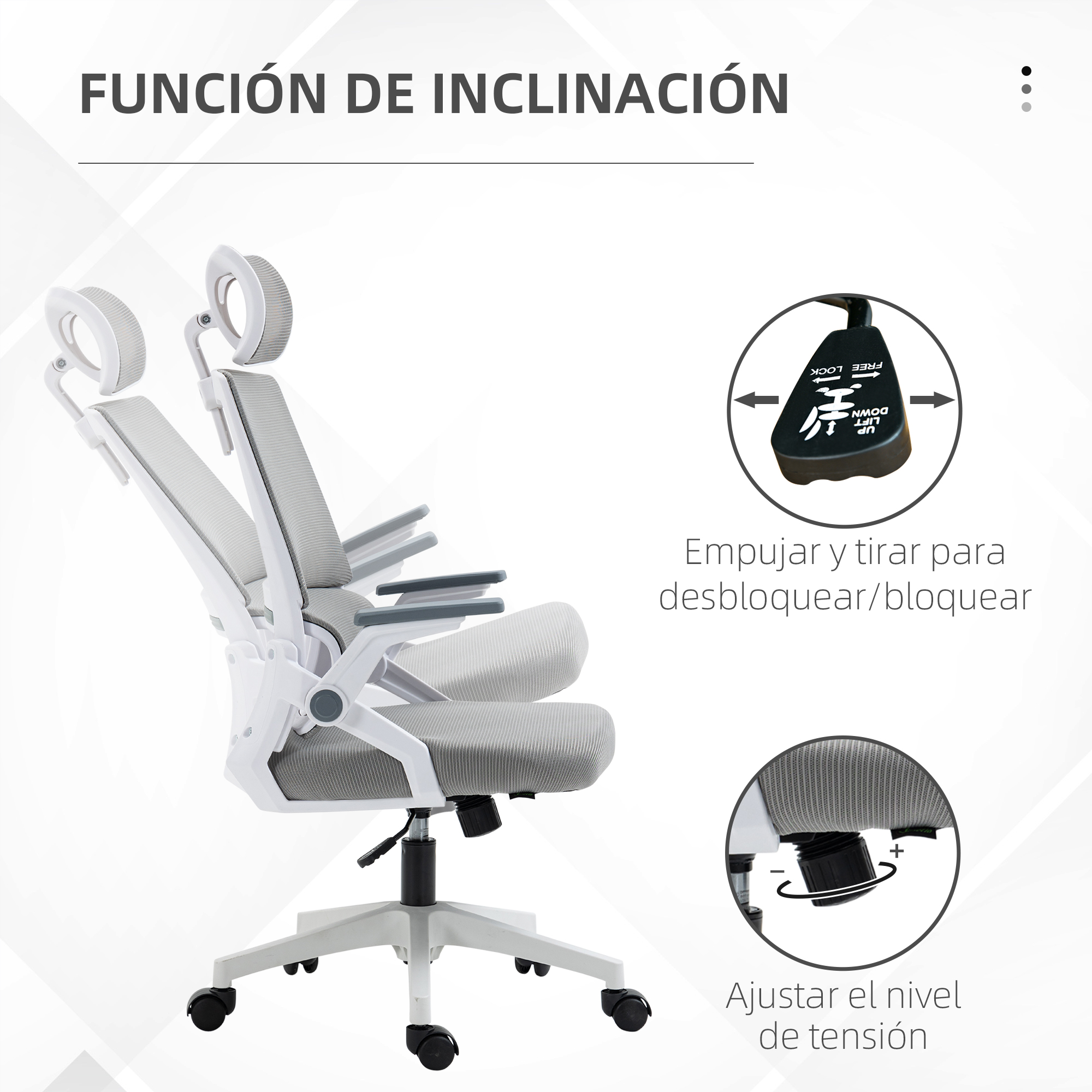 Una silla de oficina blanca con función de inclinación ajustable y control de tensión.