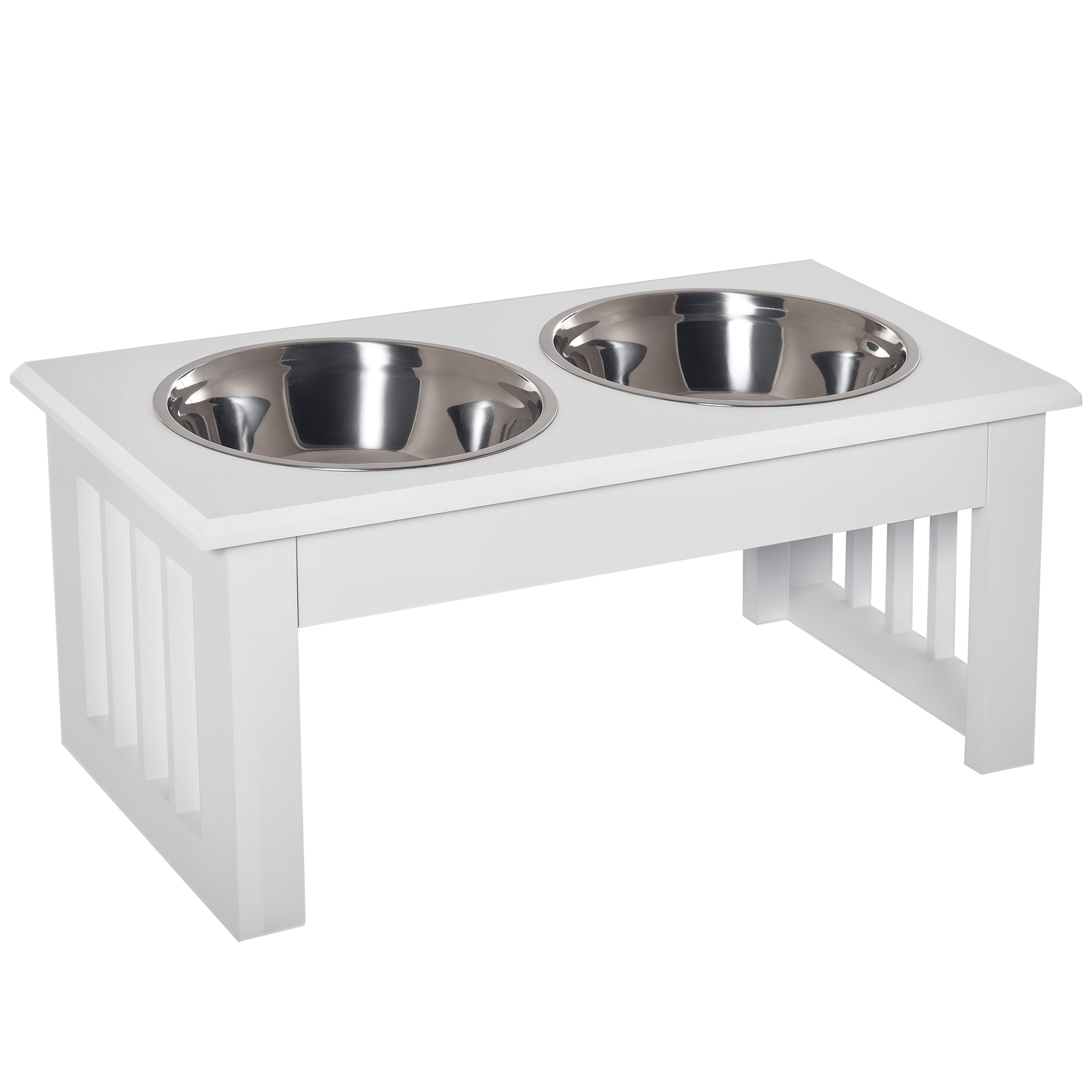 Una mangiatoia bianca per cani con due ciotole in acciaio inox.