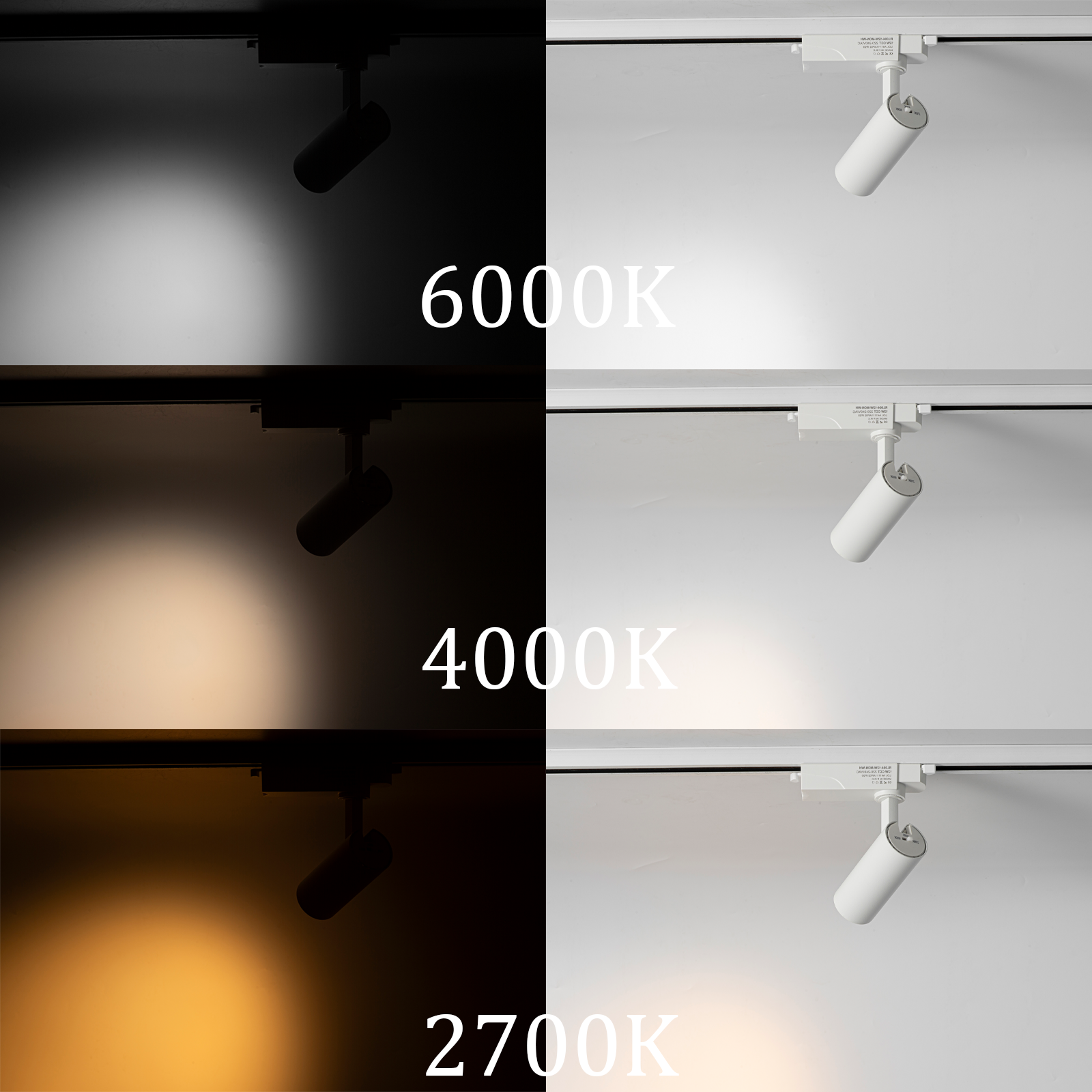 Tres focos blancos en riel muestran colores de luz 6000K, 4000K y 2700K.