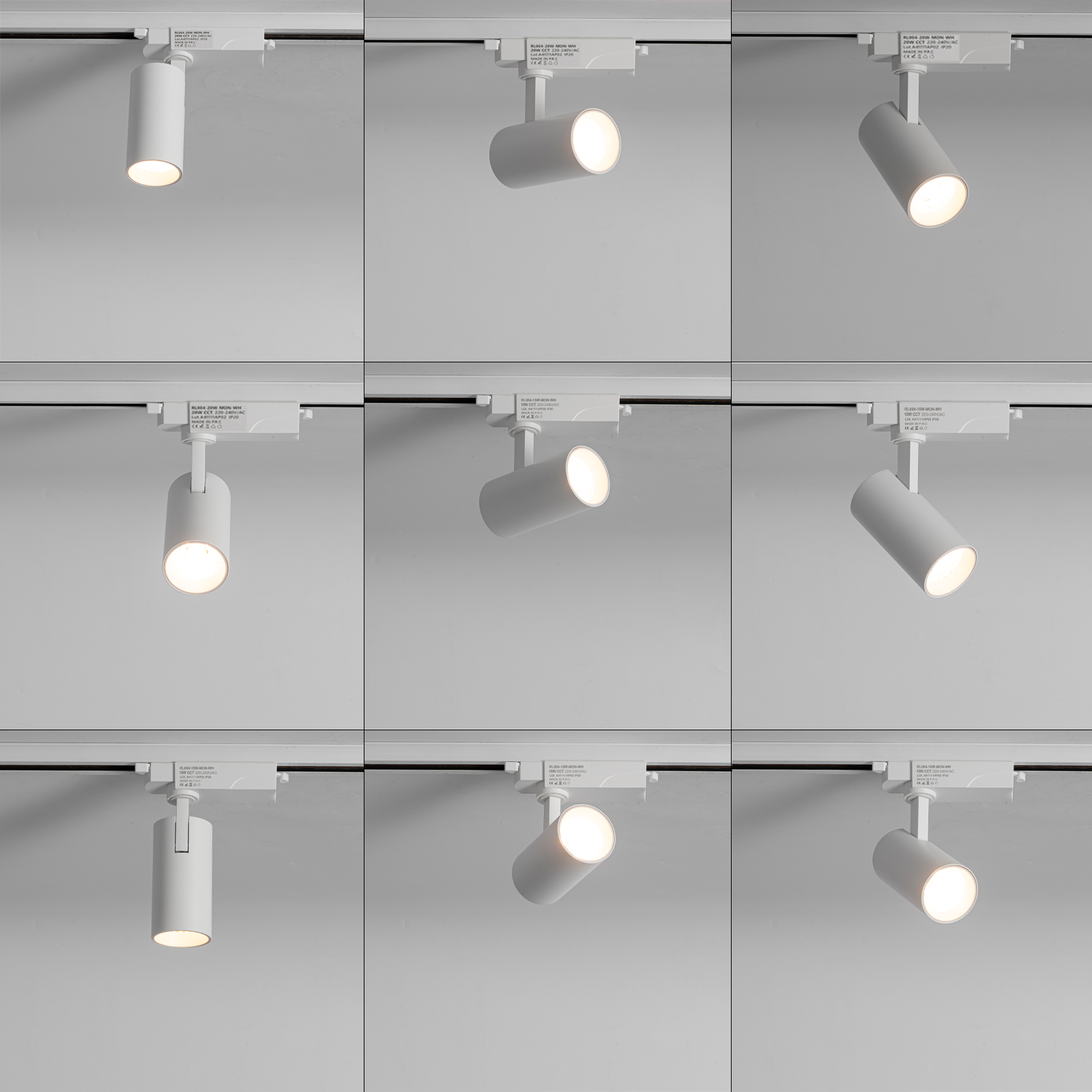 Luz de riel blanca con cabezal cilíndrico, apuntando hacia abajo.