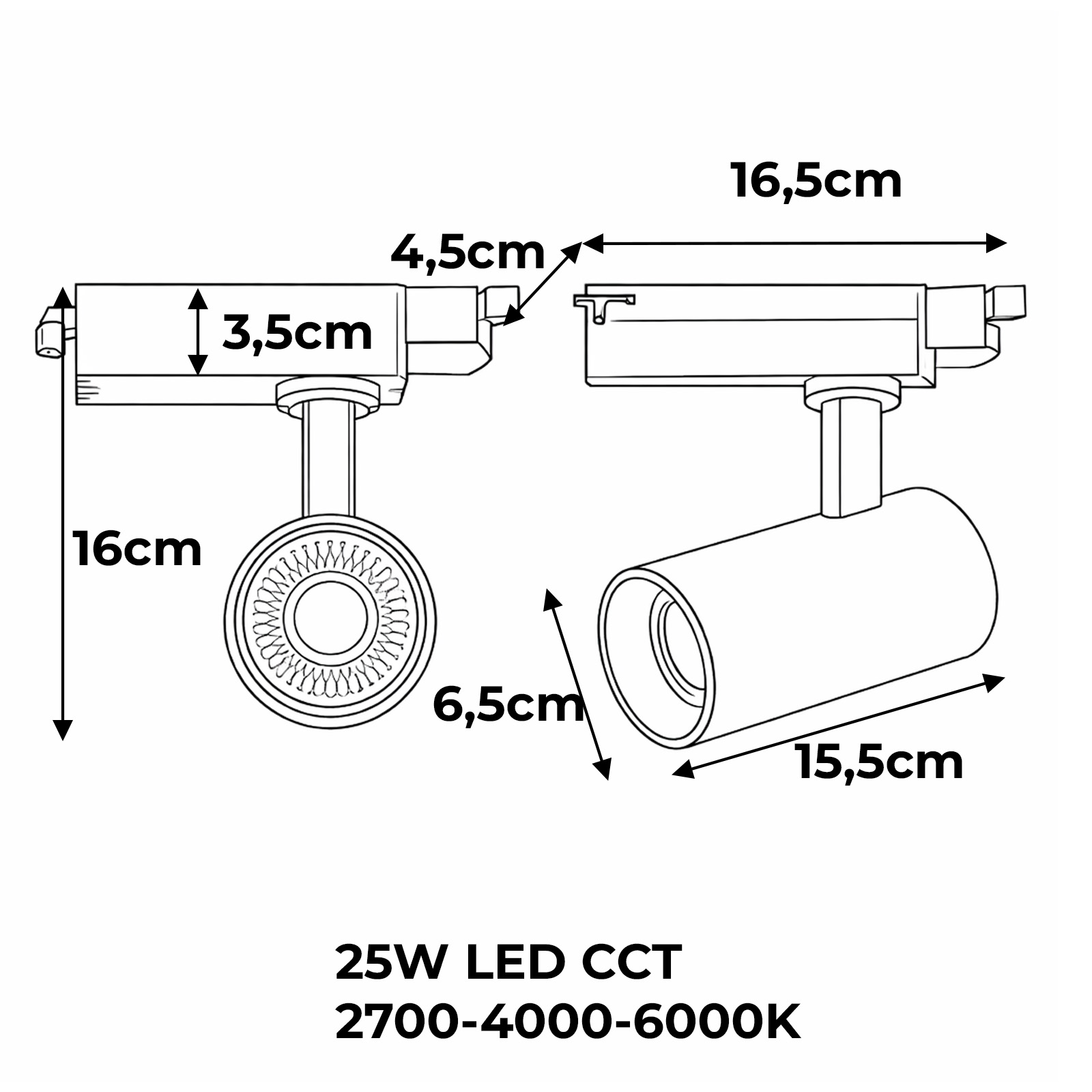 Dibujo técnico de un foco LED CCT de 25W con dimensiones.