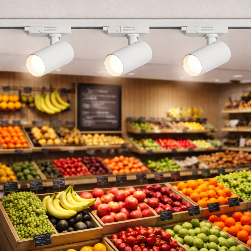 Tres focos blancos de techo iluminan un mercado de frutas y verduras bien surtido.