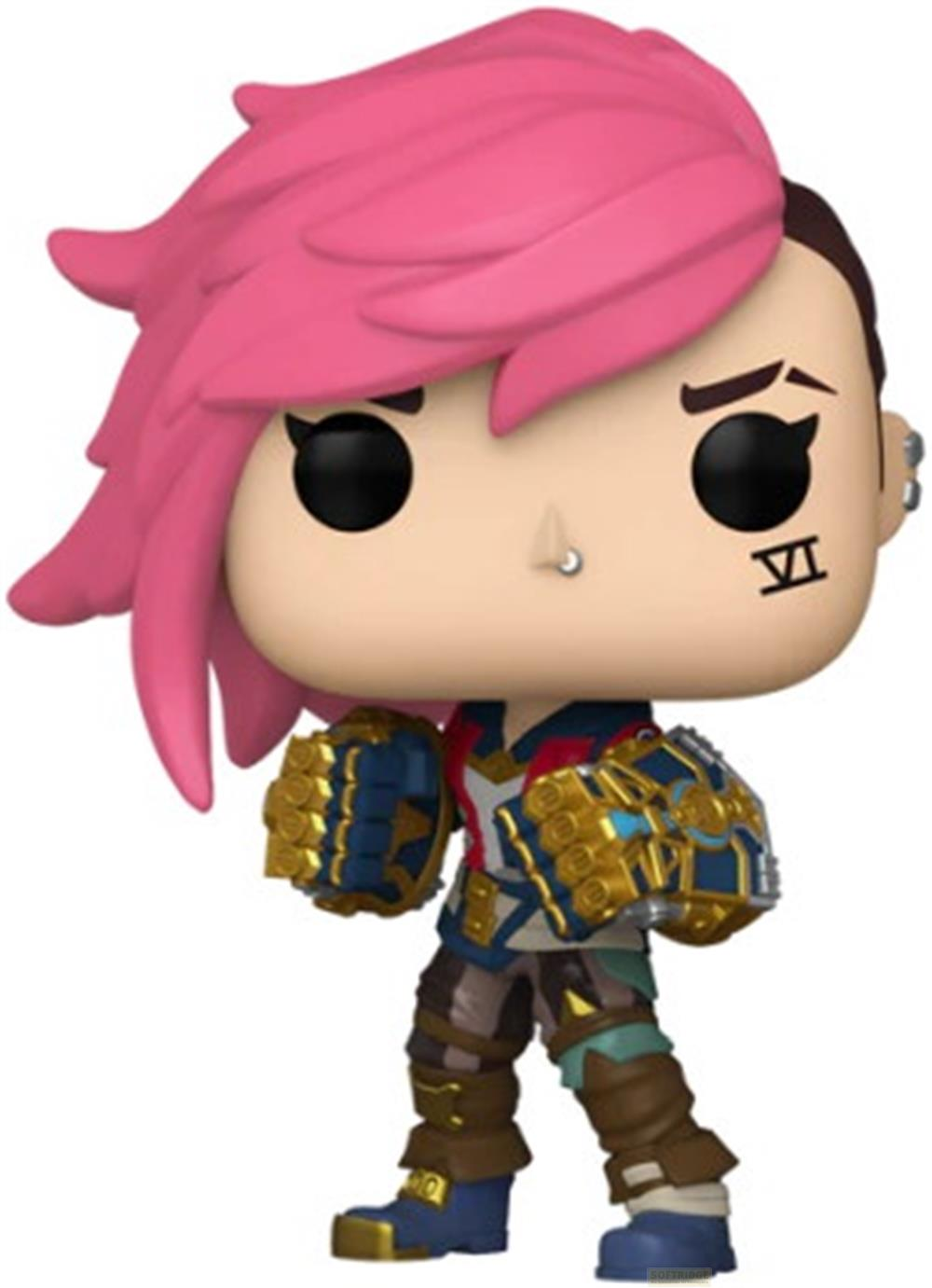 Figura Funko Pop! con pelo rosa, guanteletes azules y dorados.