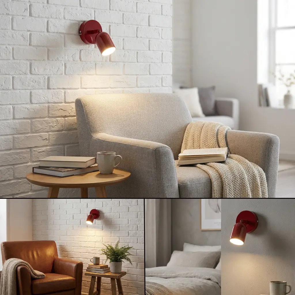 Lámpara de pared roja sobre sillón con manta y libros.