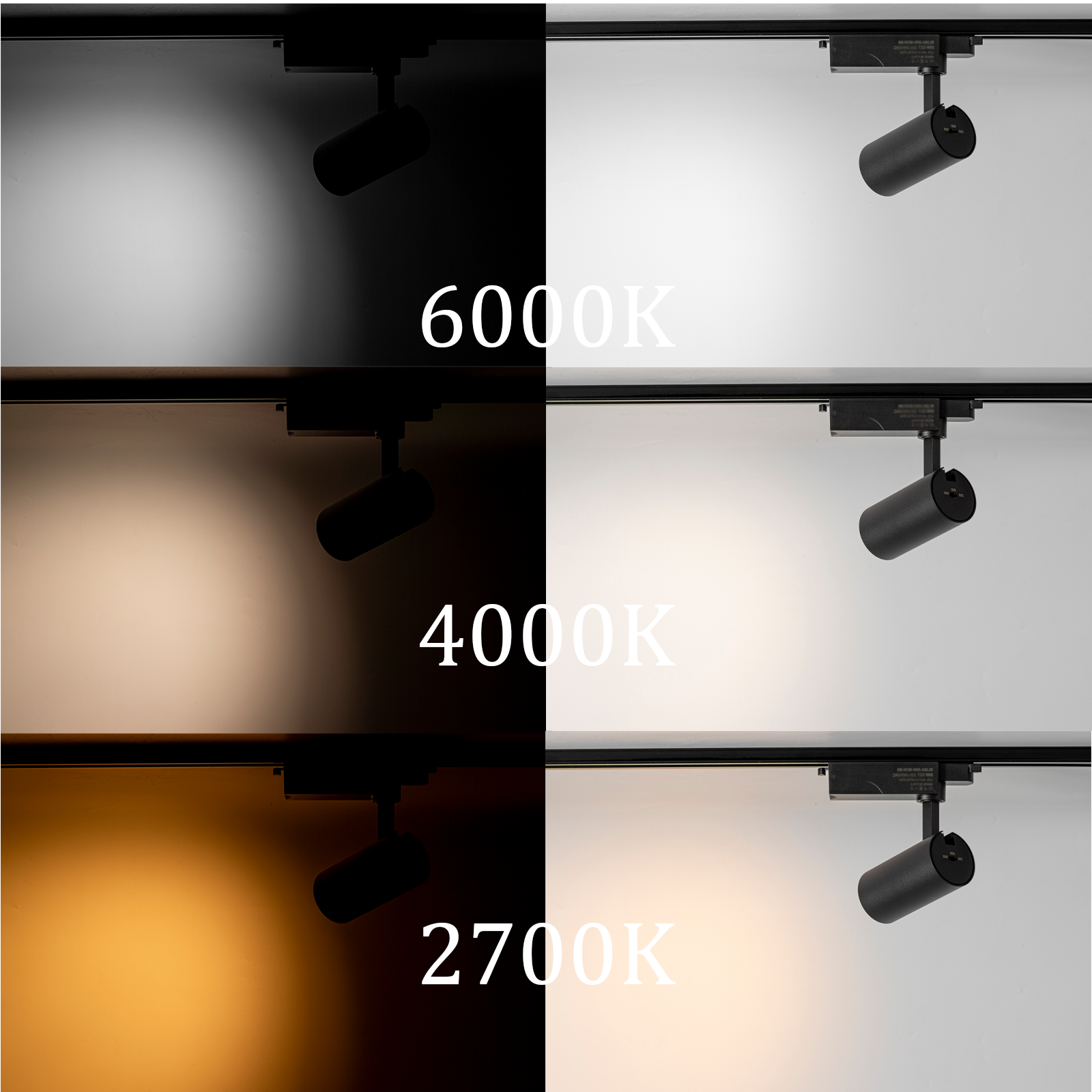 Imágenes muestran colores de luz: 6000K, 4000K, 2700K. Focos en riel.