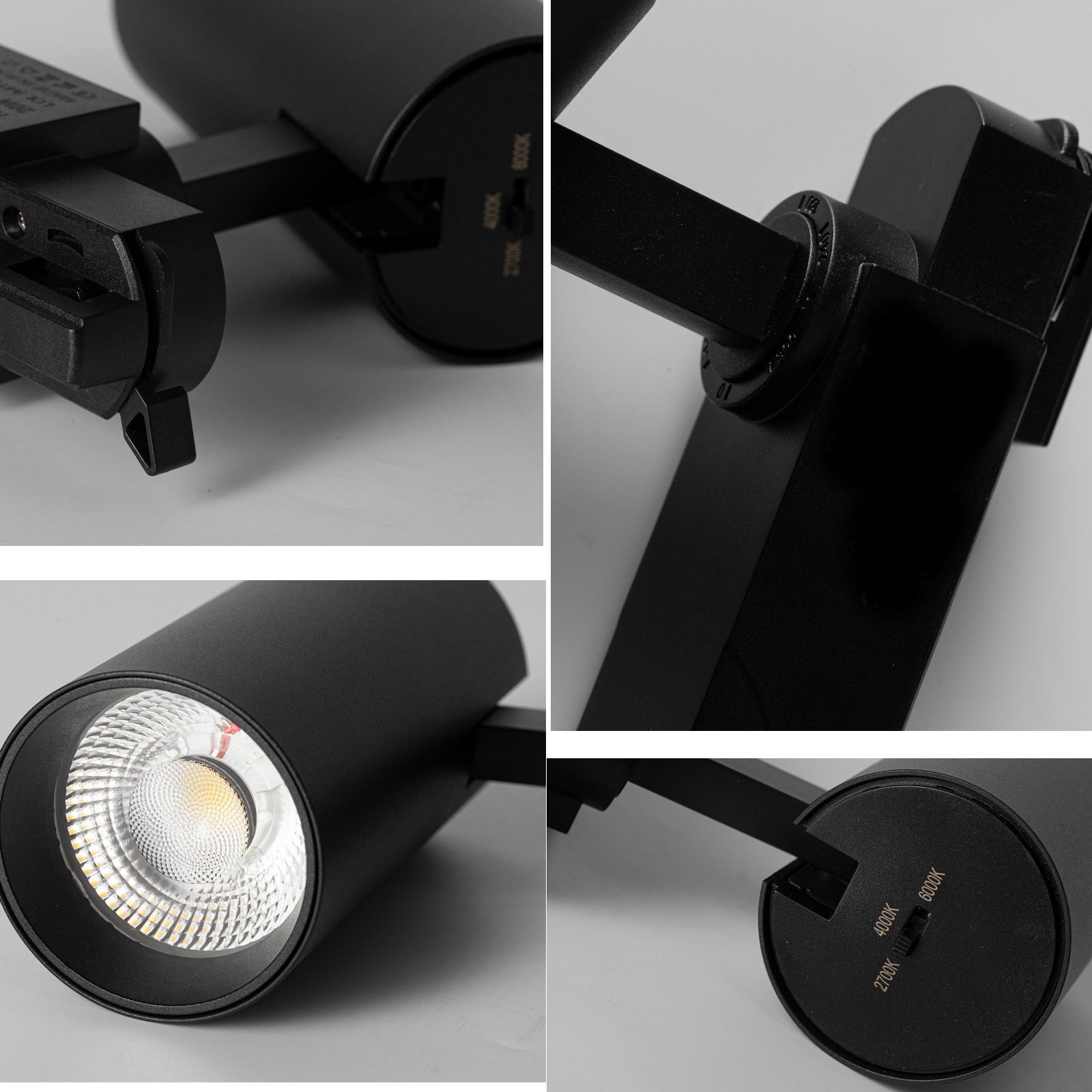 Un foco LED negro ajustable con interruptor para ajustes de temperatura de color.