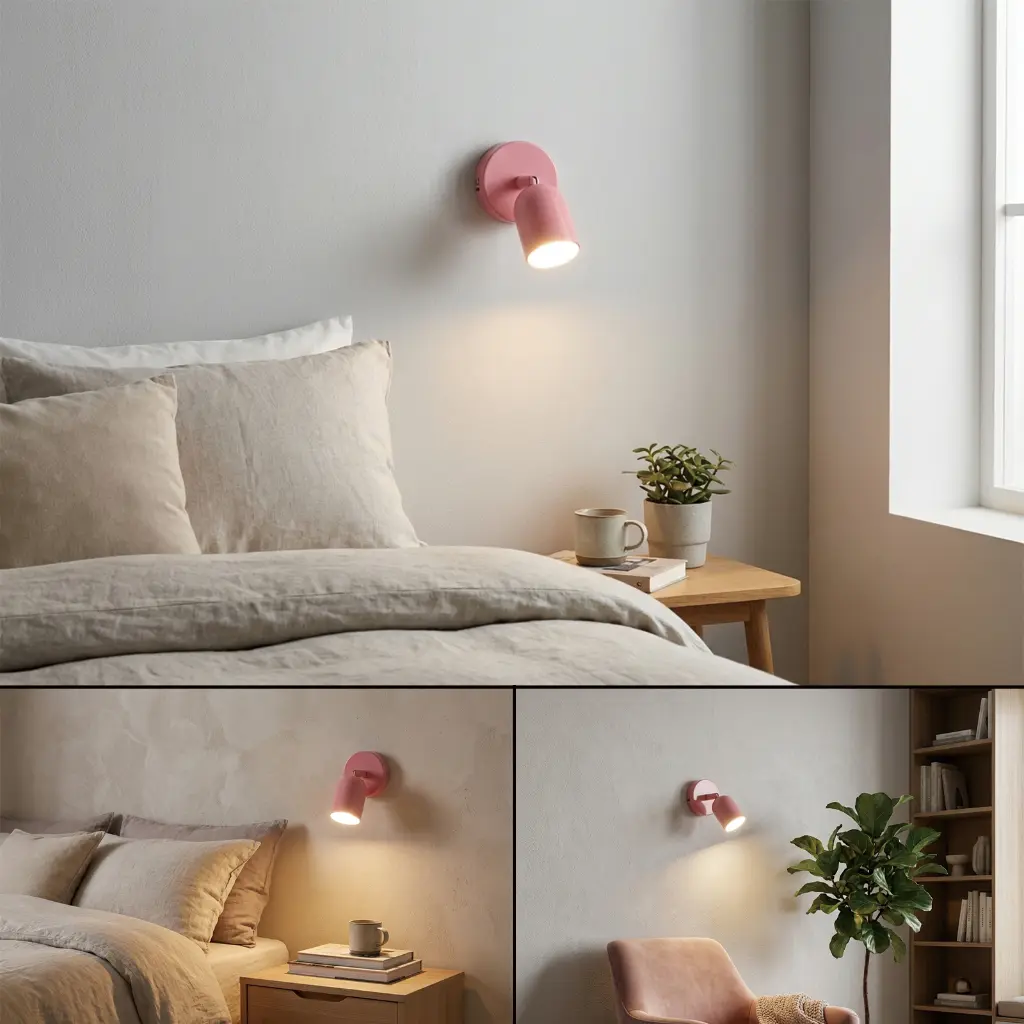 Un foco de pared rosa ilumina una cama con ropa de cama de lino. Al lado, una mesita de noche con planta.
