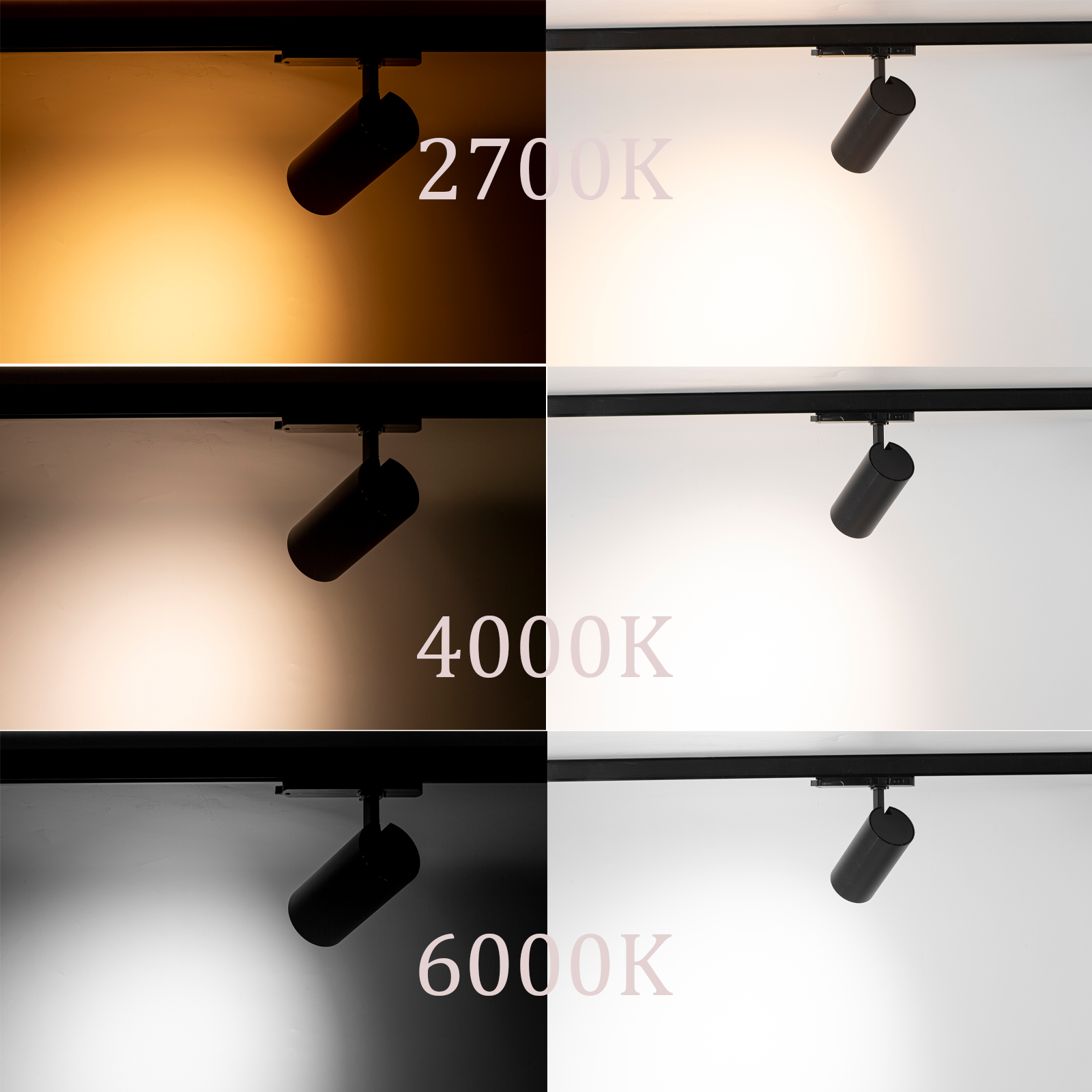 Seis imágenes muestran un foco negro a 2700K, 4000K y 6000K.