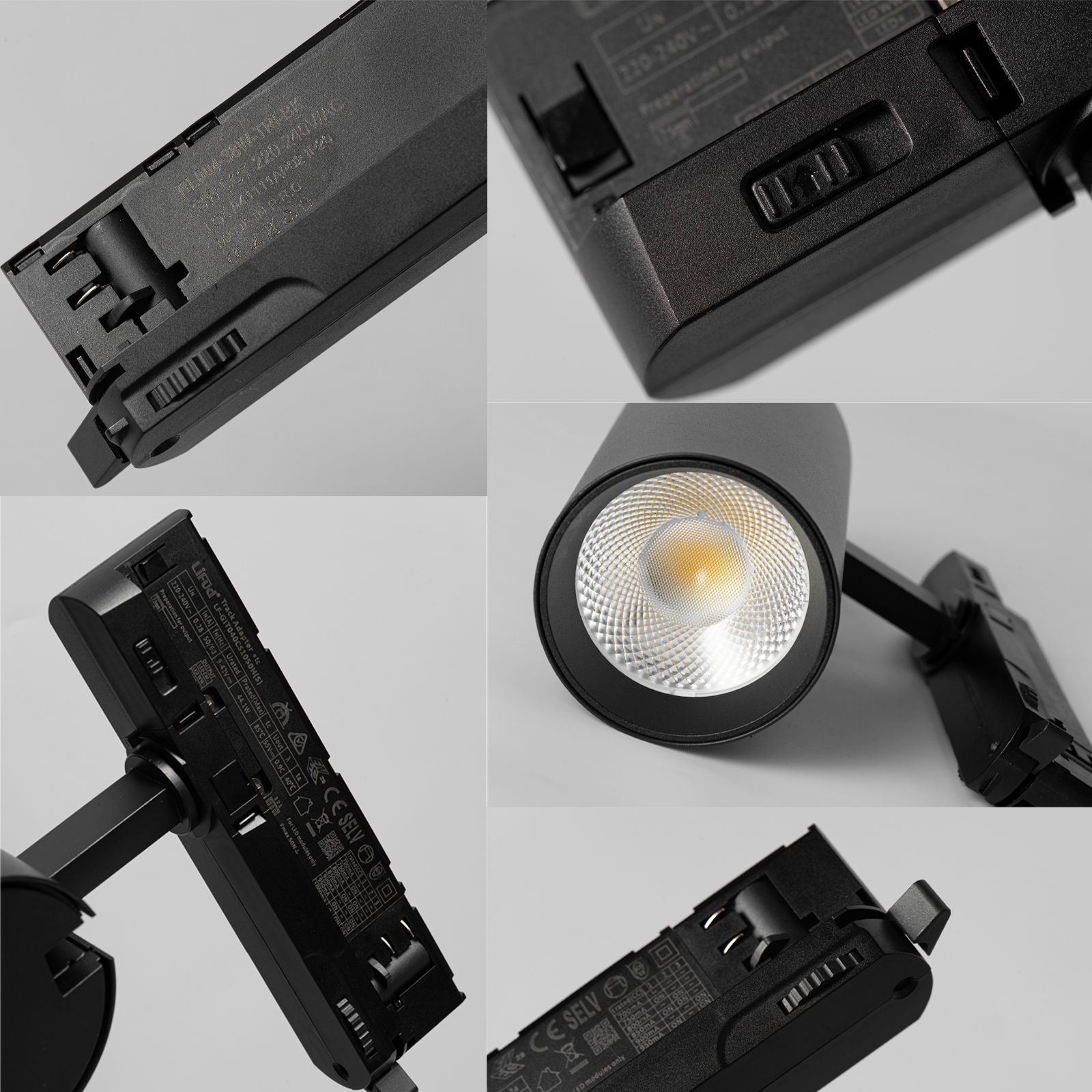 Primer plano de un foco LED negro mostrando detalles técnicos y etiquetas.