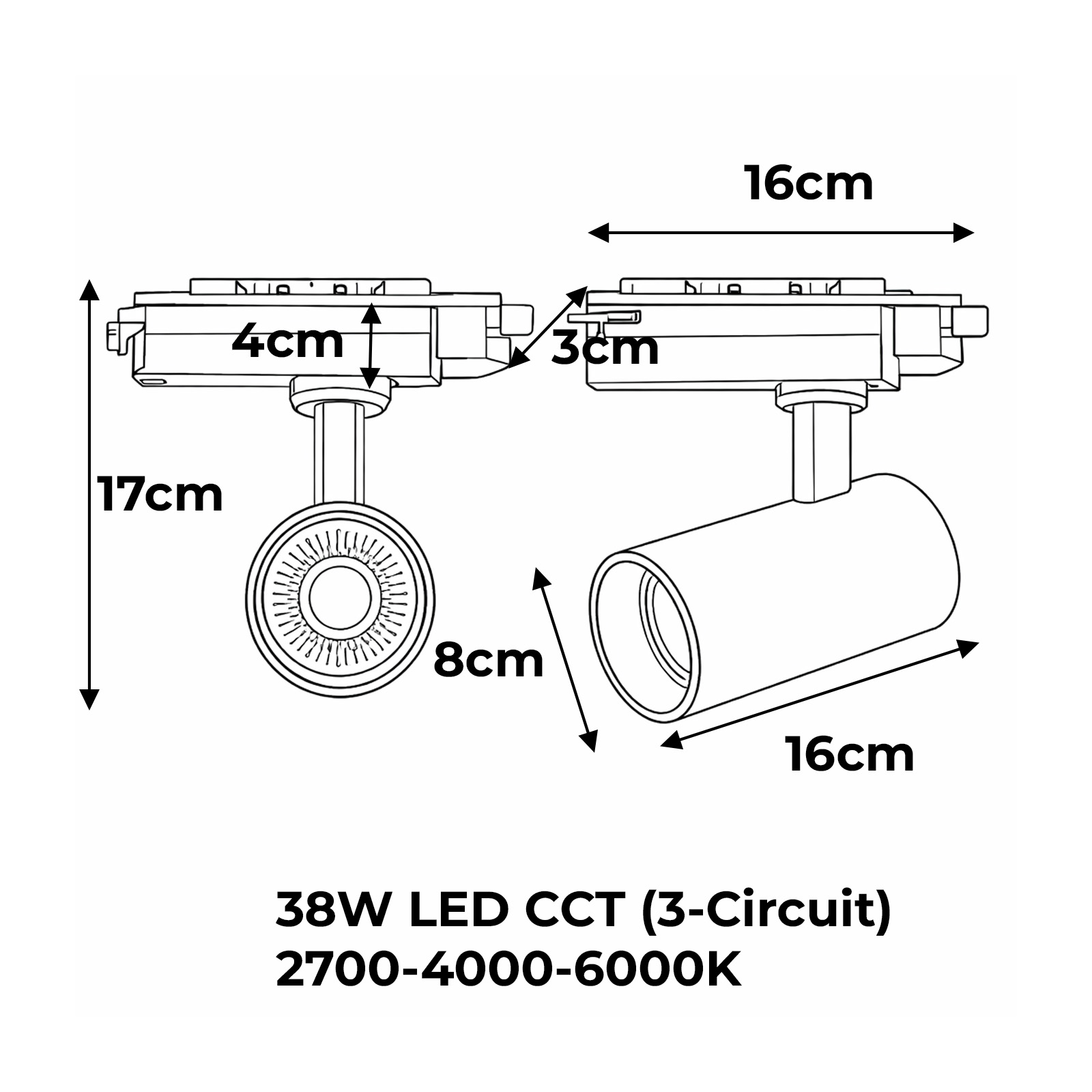 Dos focos LED con dimensiones: 17cm Al, 4cm y 3cm An, 8cm y 16cm L.
