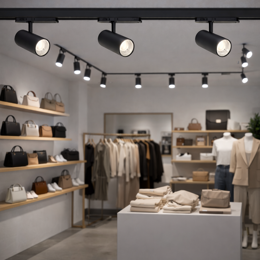 Una tienda de ropa con iluminación de riel. Bolsos en estantes, ropa en percheros y maniquíes.