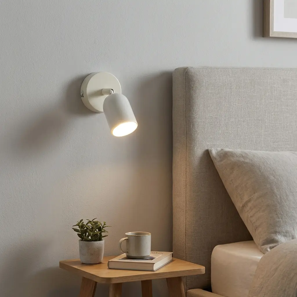 Un foco de pared blanco sobre una mesita de noche con planta, libro y taza.