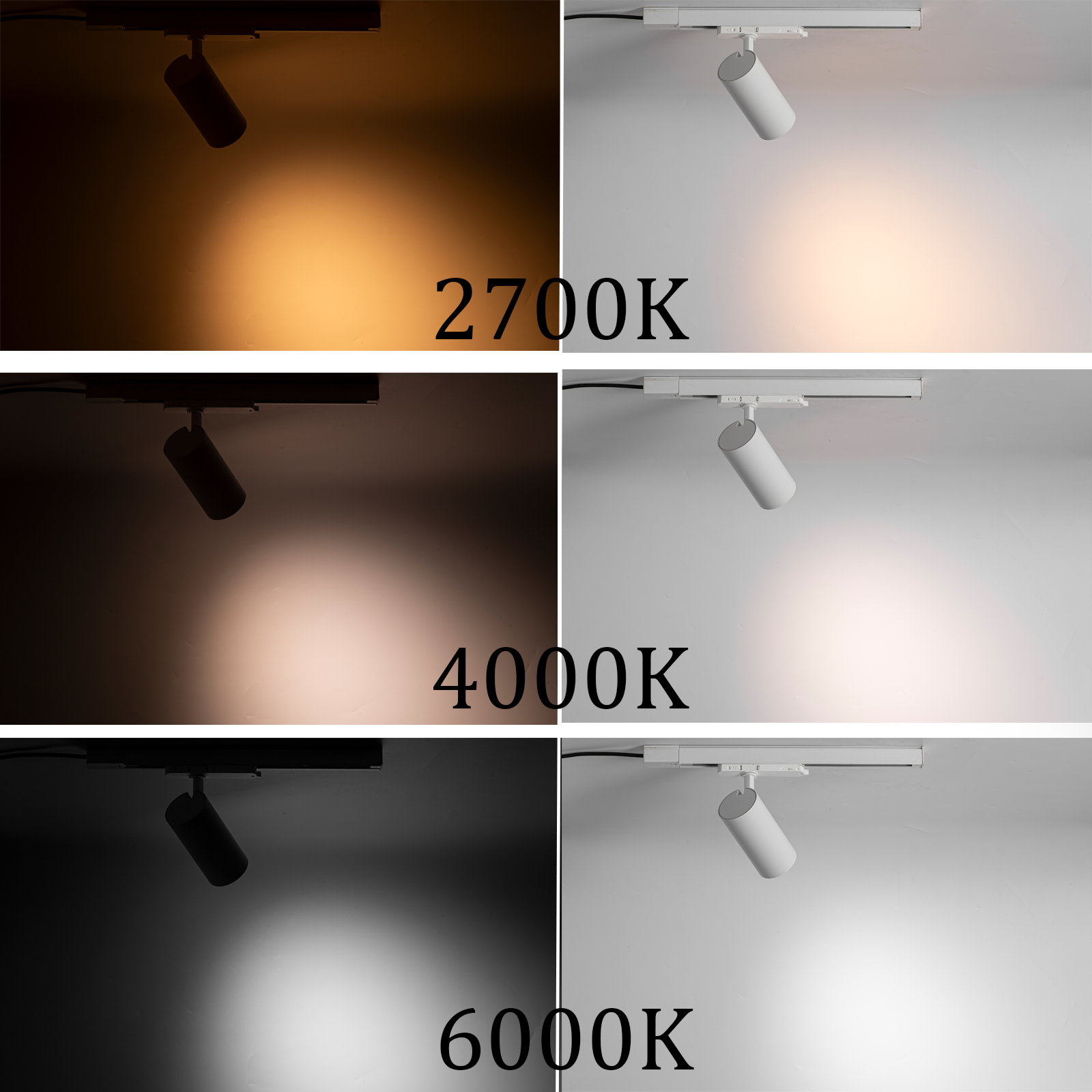 Seis imágenes muestran una lámpara con diferentes temperaturas de color: 2700K, 4000K, 6000K.