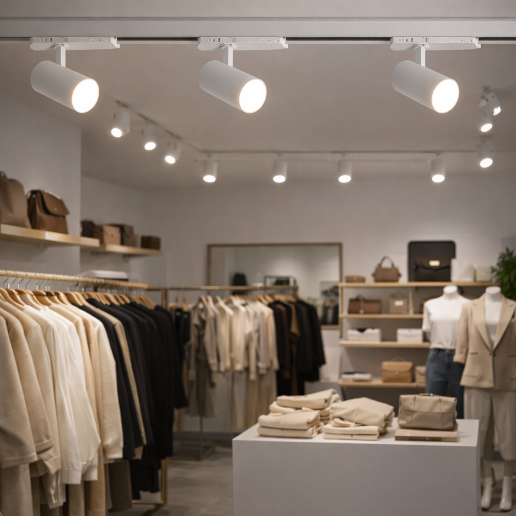 Una tienda con ropa en percheros y estanterías. Iluminación en riel ilumina el espacio.