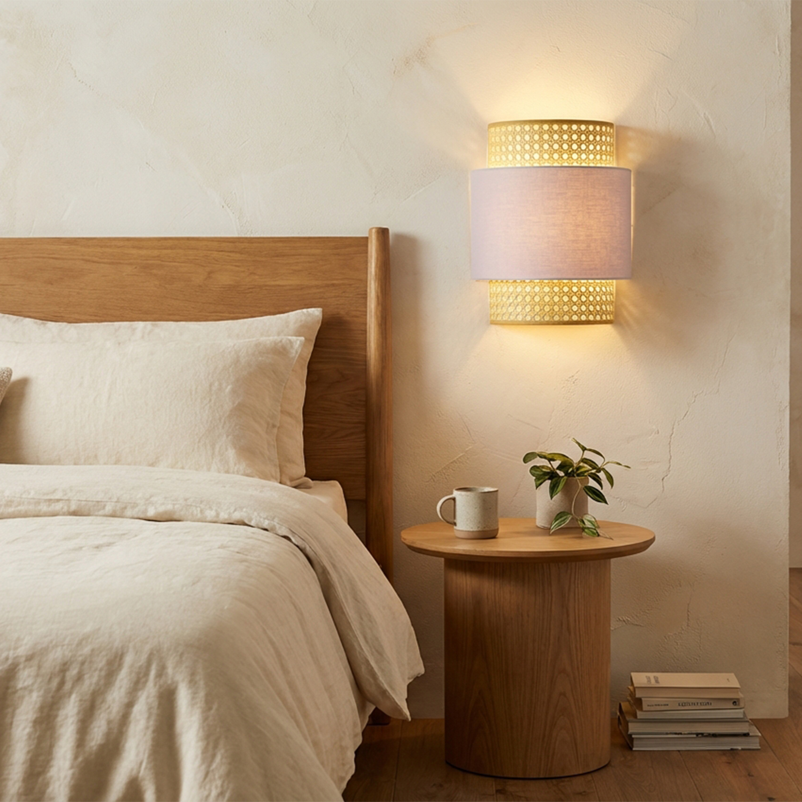 Una mesita de noche de madera junto a una cama con ropa de cama beige. Una lámpara de pared iluminada.
