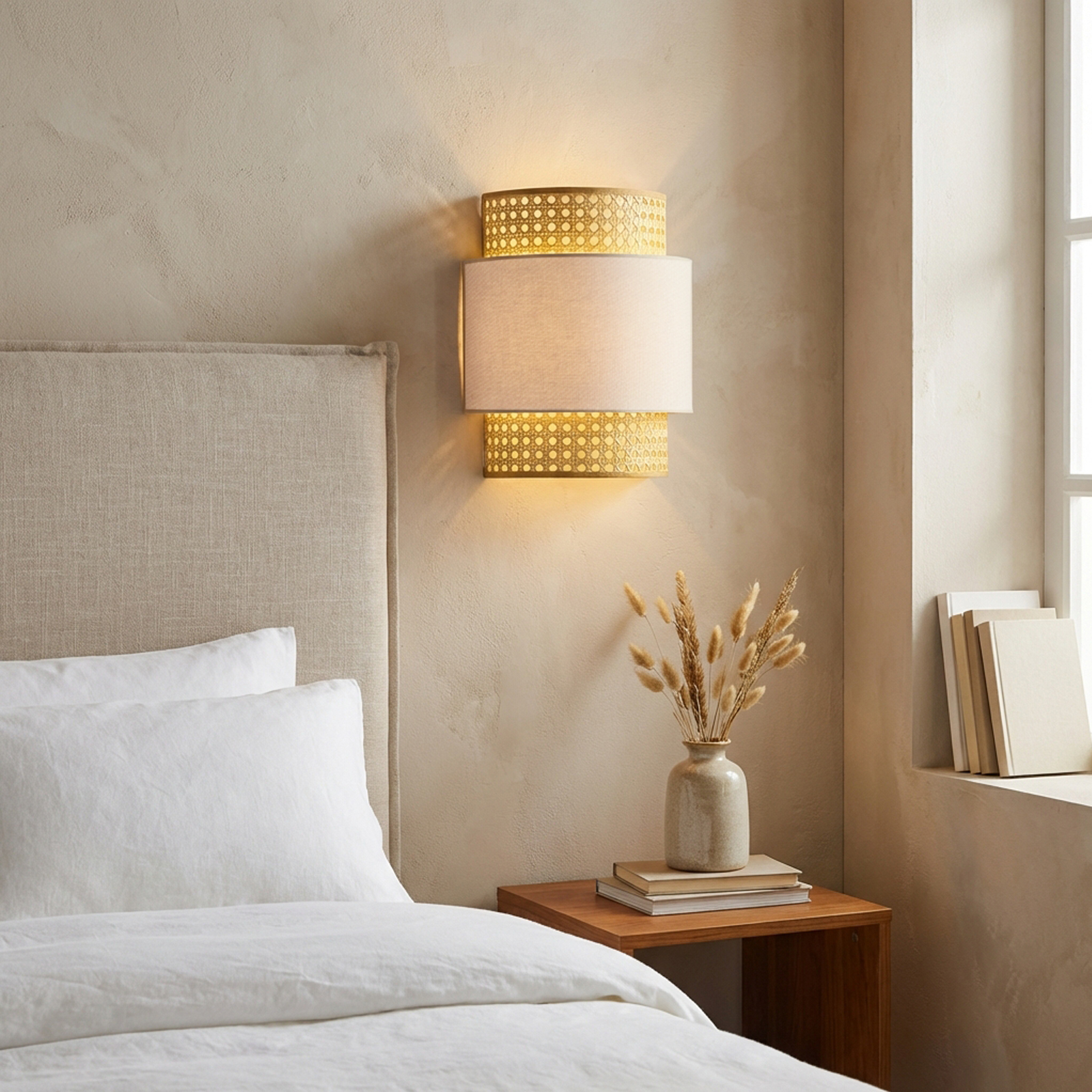 Aplique de pared con detalles de ratán sobre una cama con almohadas blancas.