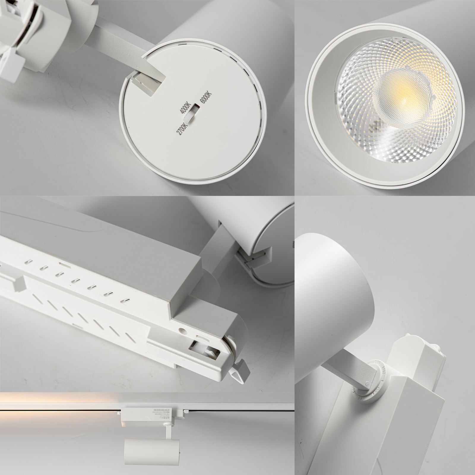 Iluminación de riel blanca con foco ajustable y dial de temperatura de color.
