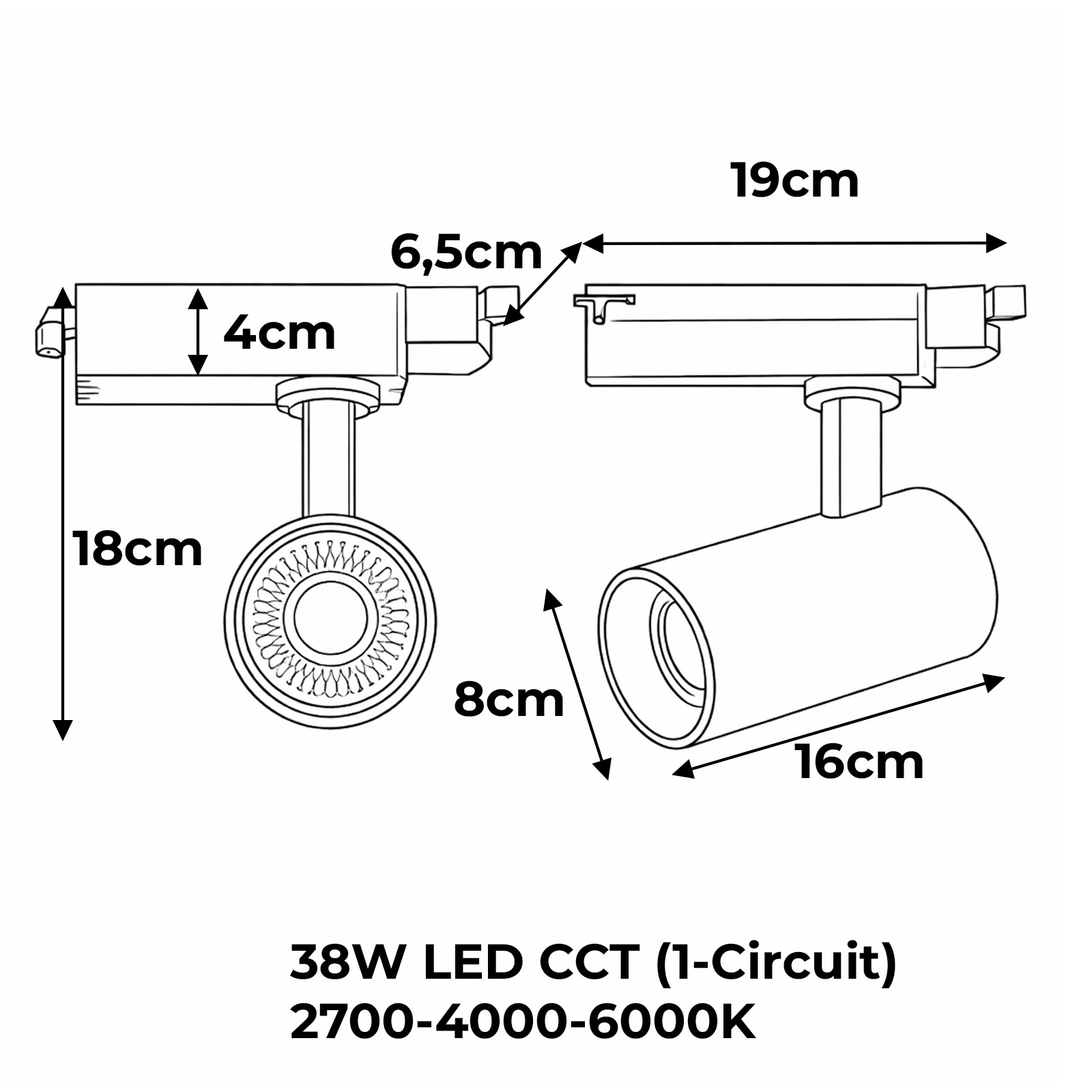 Dibujo técnico de una luminaria con dimensiones. 38W LED CCT.