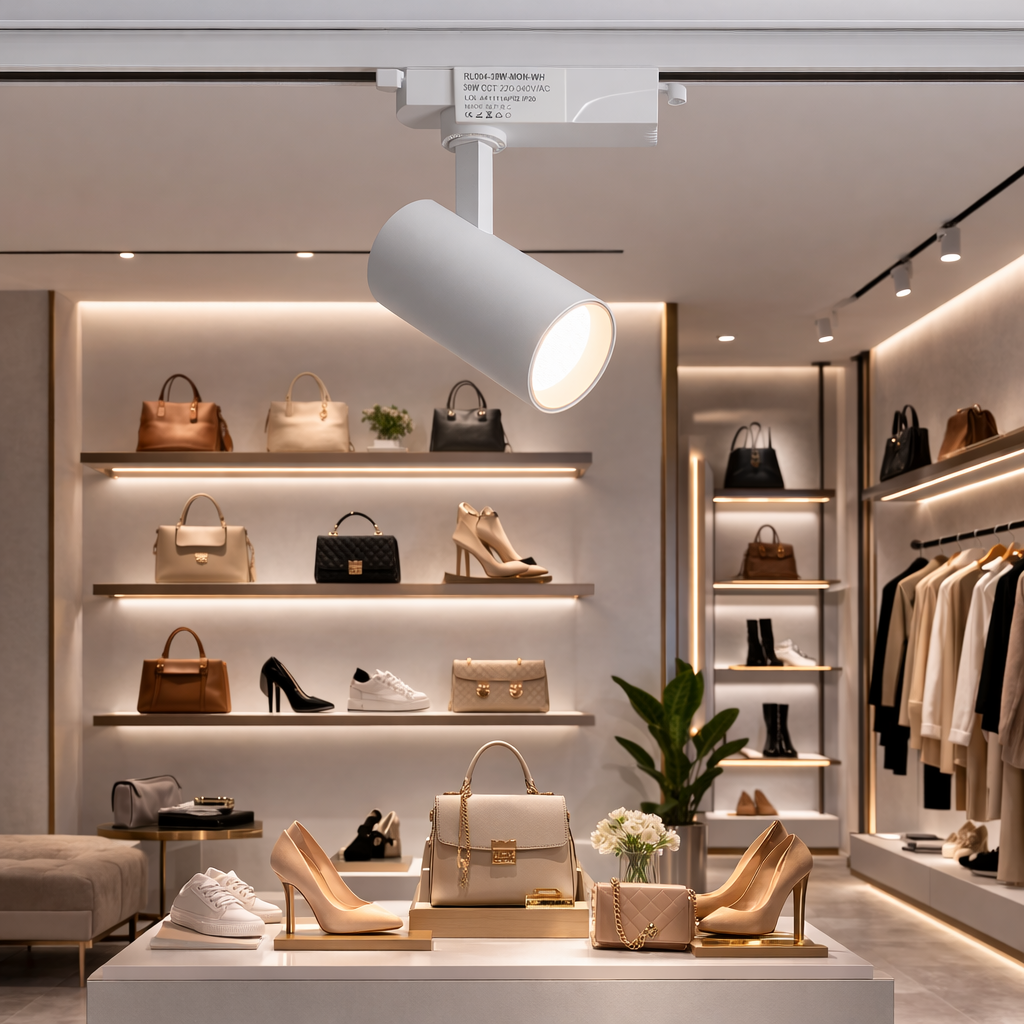 Una exhibición minorista con bolsos, zapatos y ropa, iluminada por una luz de riel.