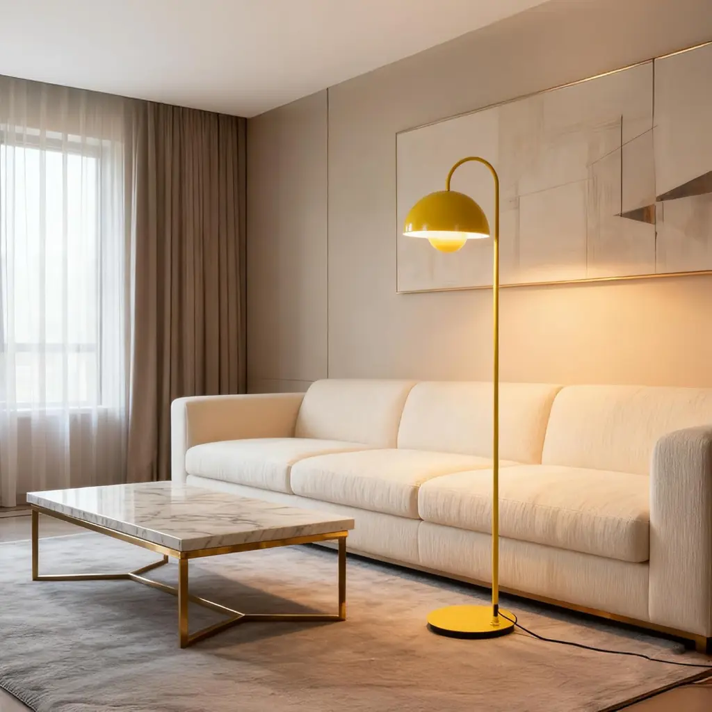 Una lámpara de pie amarilla está junto a un sofá blanco en una sala moderna.