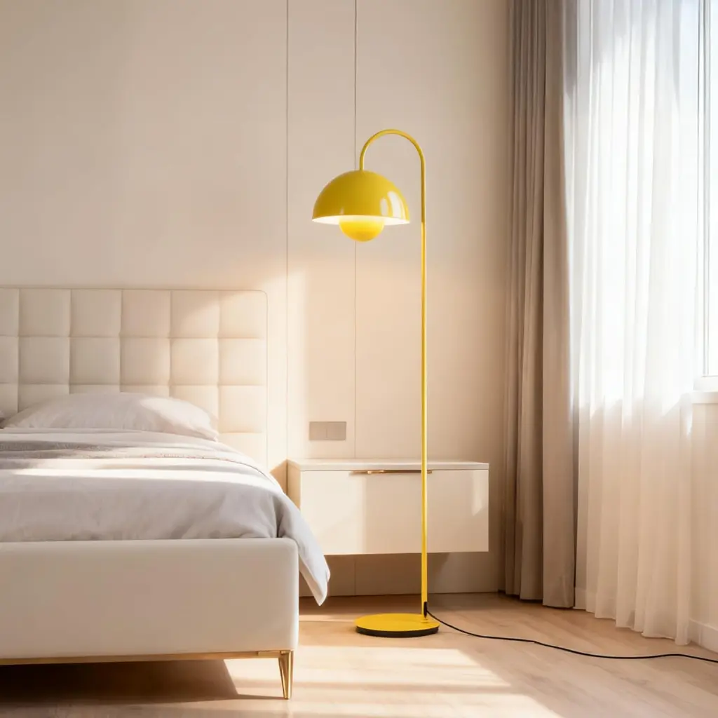 Una lámpara de pie arqueada amarilla junto a una cama y mesita de noche blancas.