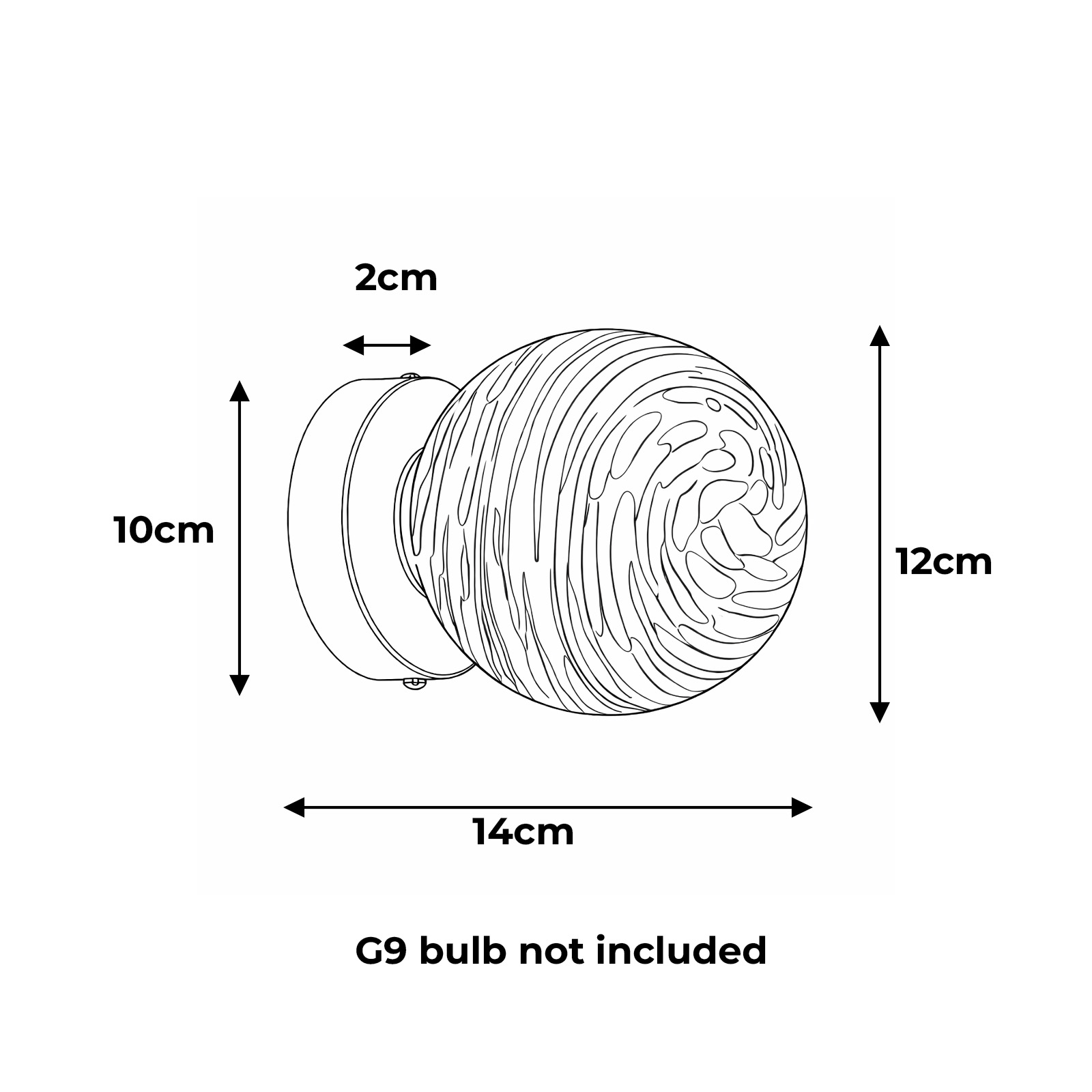 Dibujo de aplique de pared, 10cm Al, 14cm An, 2cm Pr. Bombilla G9 no incluida.