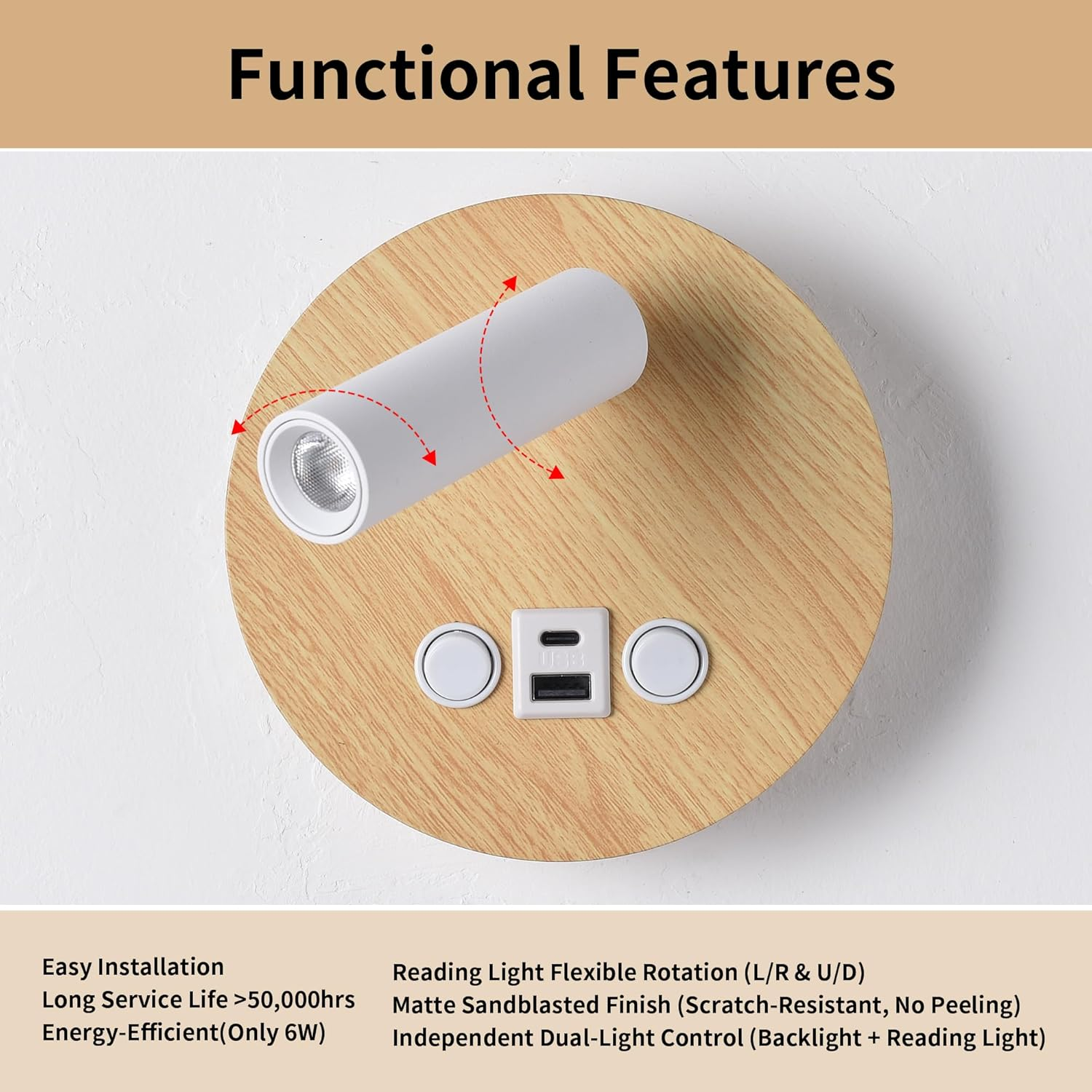 Una luz de lectura blanca con base de madera, dos botones y puertos USB.