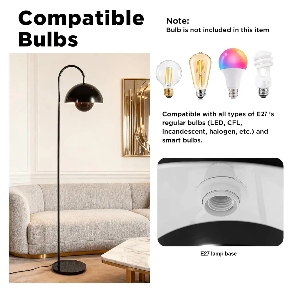 Lámpara de pie con base E27, compatible con varios tipos de bombillas.
