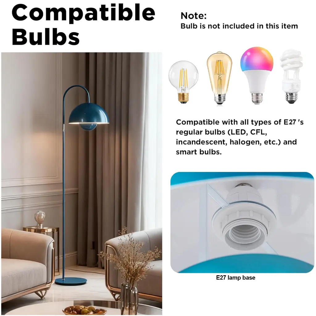 Lámpara de pie azul con base E27, compatible con varias bombillas.